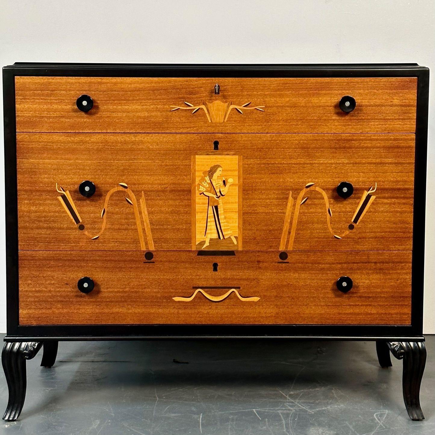 Mid-Century Modern Chest, Bedside Table, Commode, Italian, Mahogany and Ebonized
A stunning three drawer chest, commode or bedside table. Mahogany having a wonderfully inlaid figure of a servant  and decorative design on the front of an ebony framed