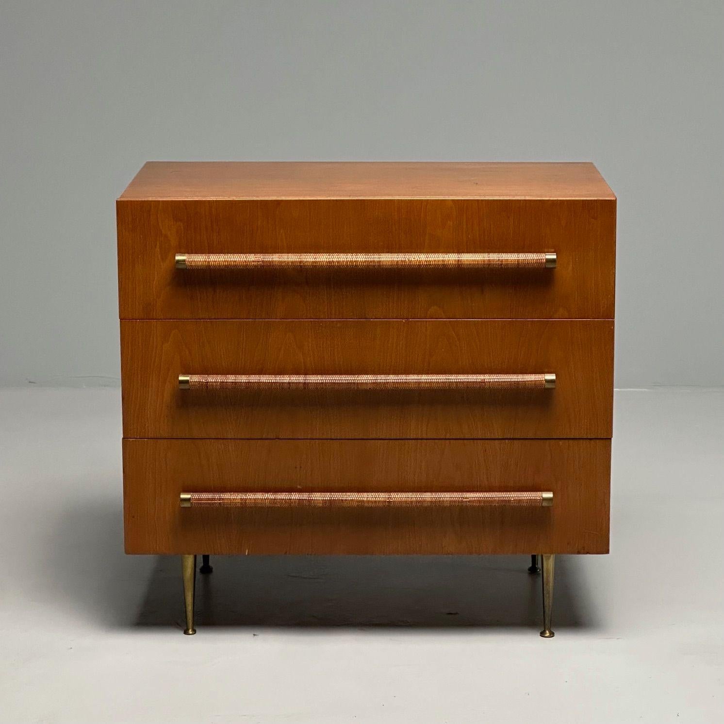 T.H. Robsjohn-Gibbings for John Widdicomb Brass-Mounted Walnut and Cane Chest, Nightstand or Dresser

Highly sought after American mid-century modern walnut three-drawer chest of drawers by T.H. Robsjohn-Gibbings. This example having rattan-wrapped