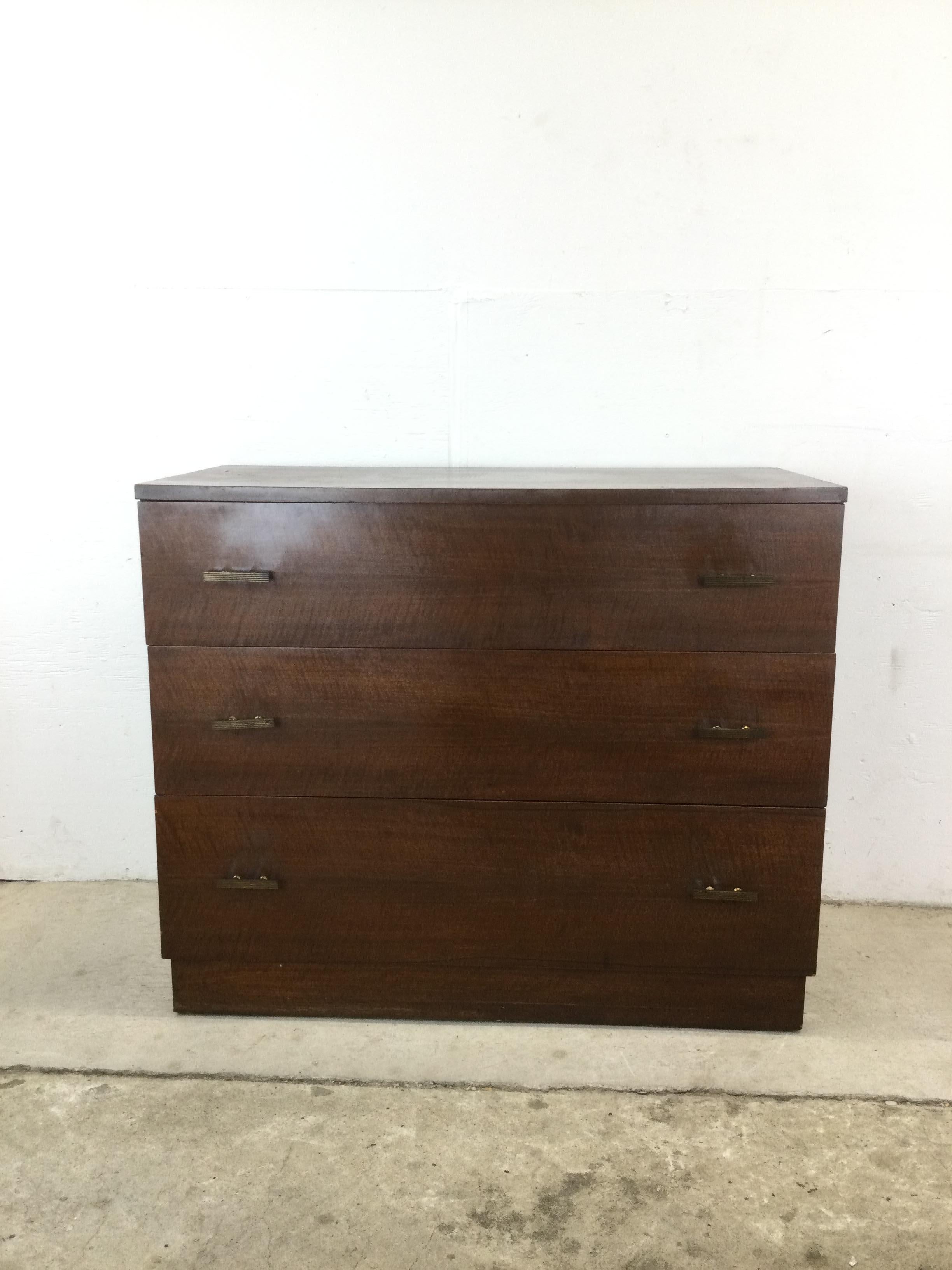 Veneer Mid Century Modern Chest of 3 Drawers with Brass Hardware For Sale