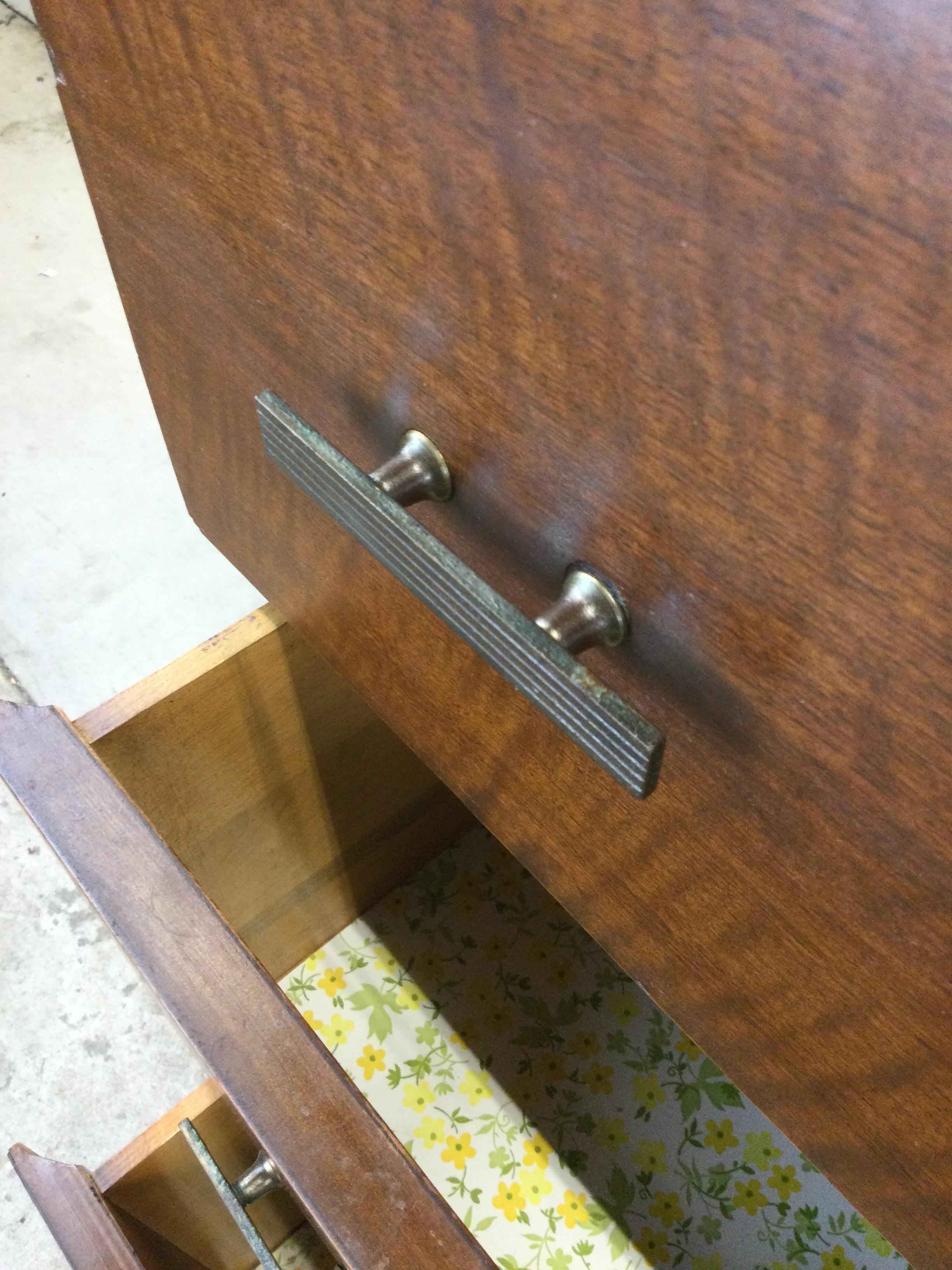 Mid Century Modern Chest of 3 Drawers with Brass Hardware In Fair Condition For Sale In Freehold, NJ
