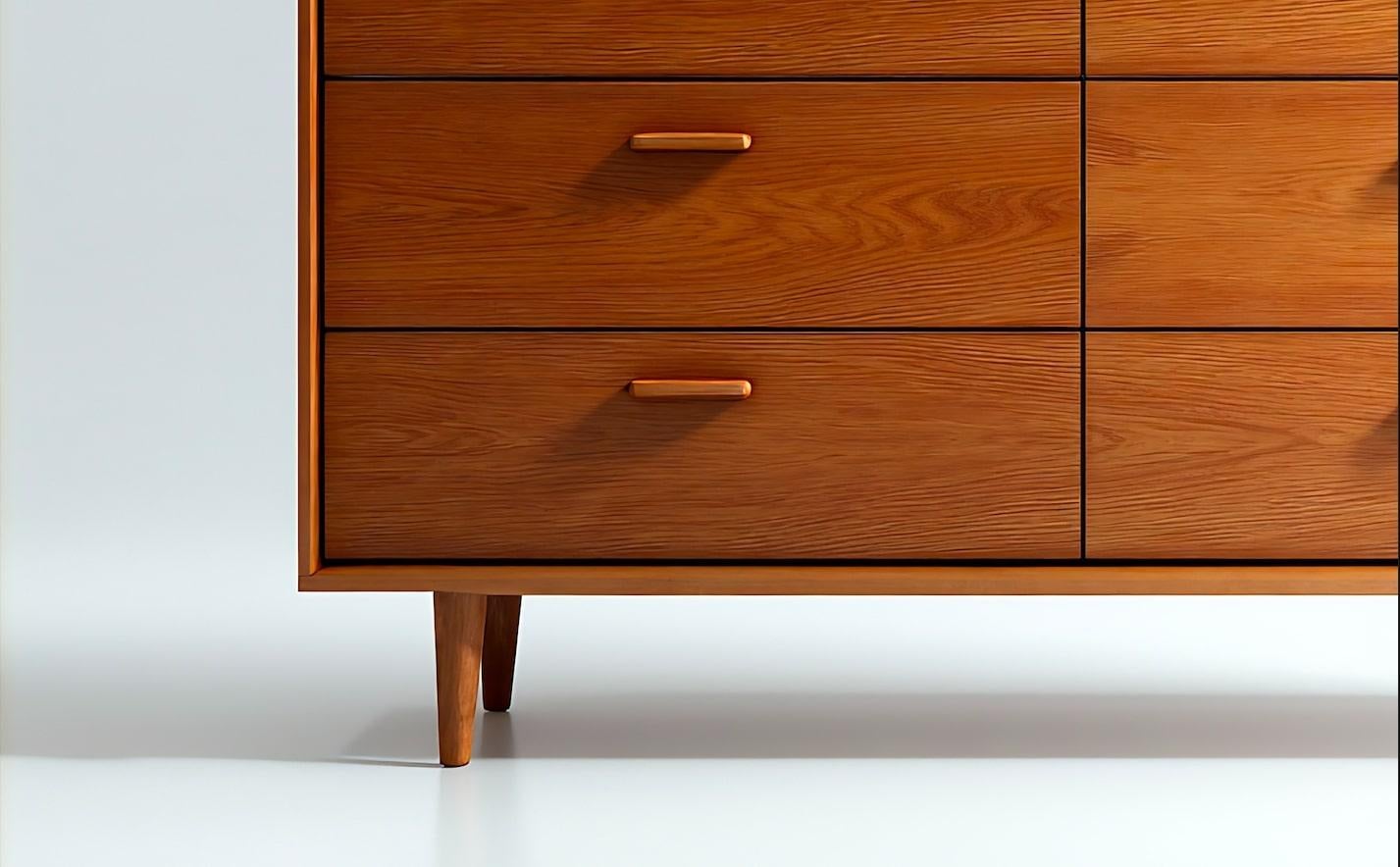 Realizzata in solido legno di teak, questa cassettiera Mid-Century Modern è un mix perfetto di funzionalità e design senza tempo. Con la sua calda finitura naturale e le sue linee pulite, questo pezzo aggiunge un tocco elegante a qualsiasi spazio