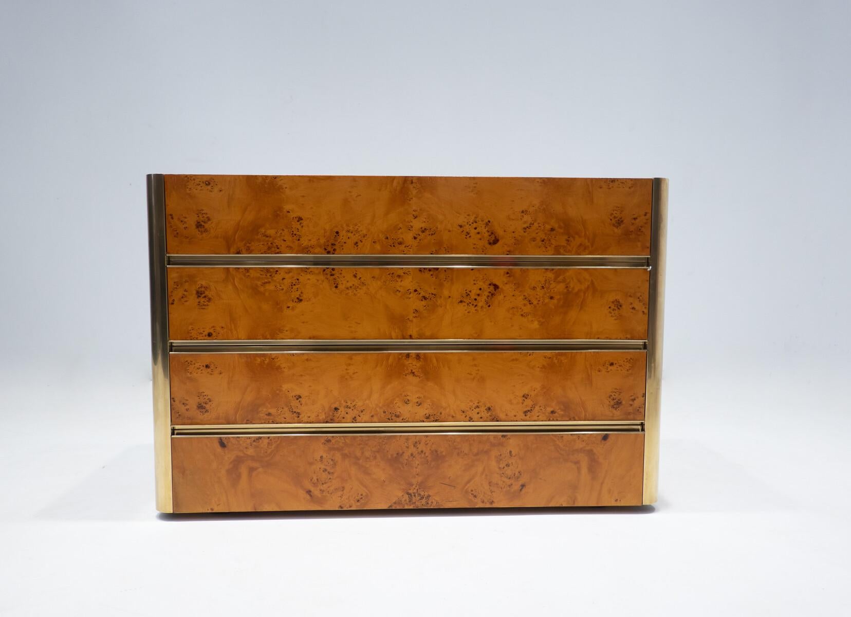 Mid-Century Modern chest of drawers, ash burl and brass, Italy, 1970s.