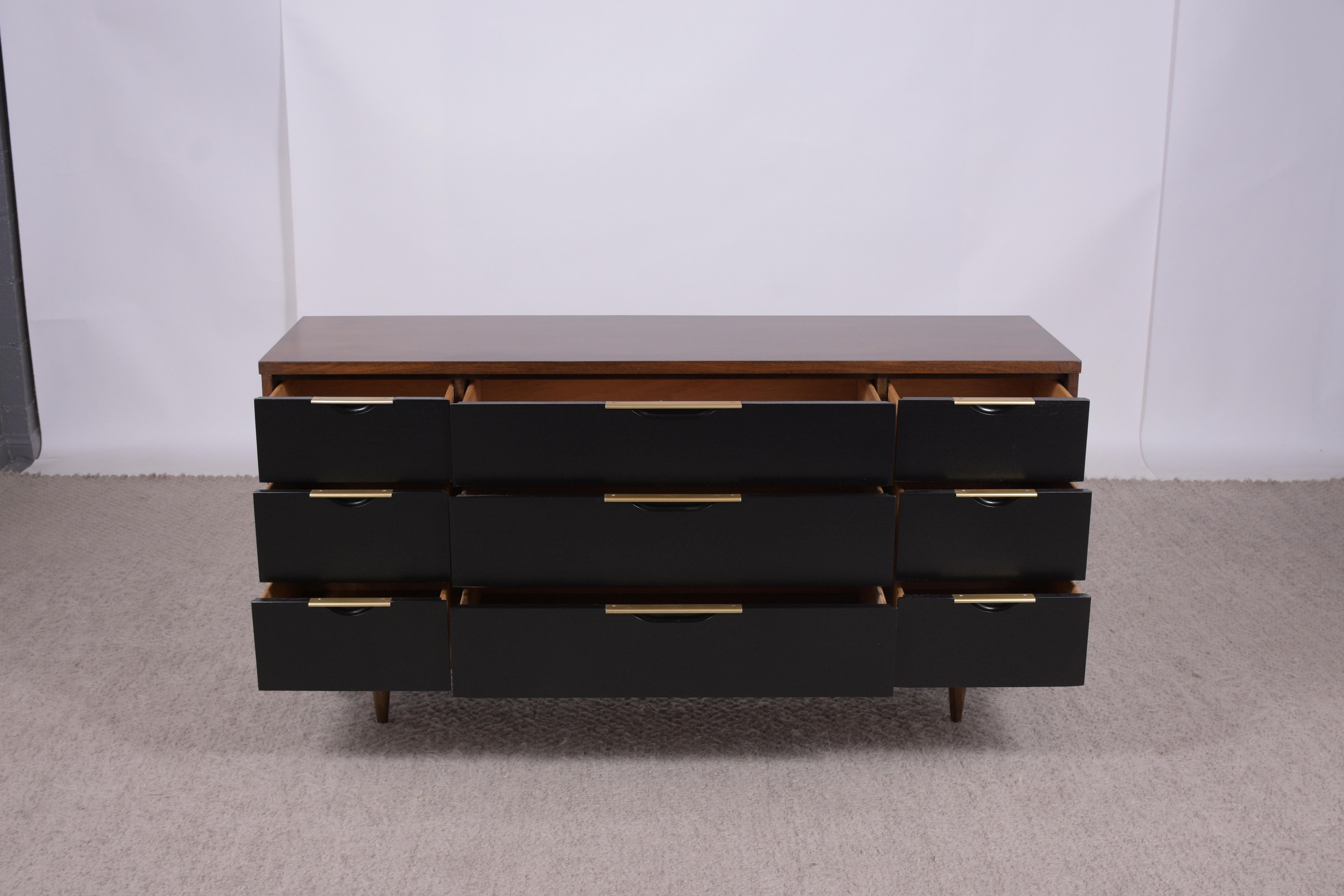 Carved Mid-Century Elegance: Stunning Walnut Dresser with Chrome Accents