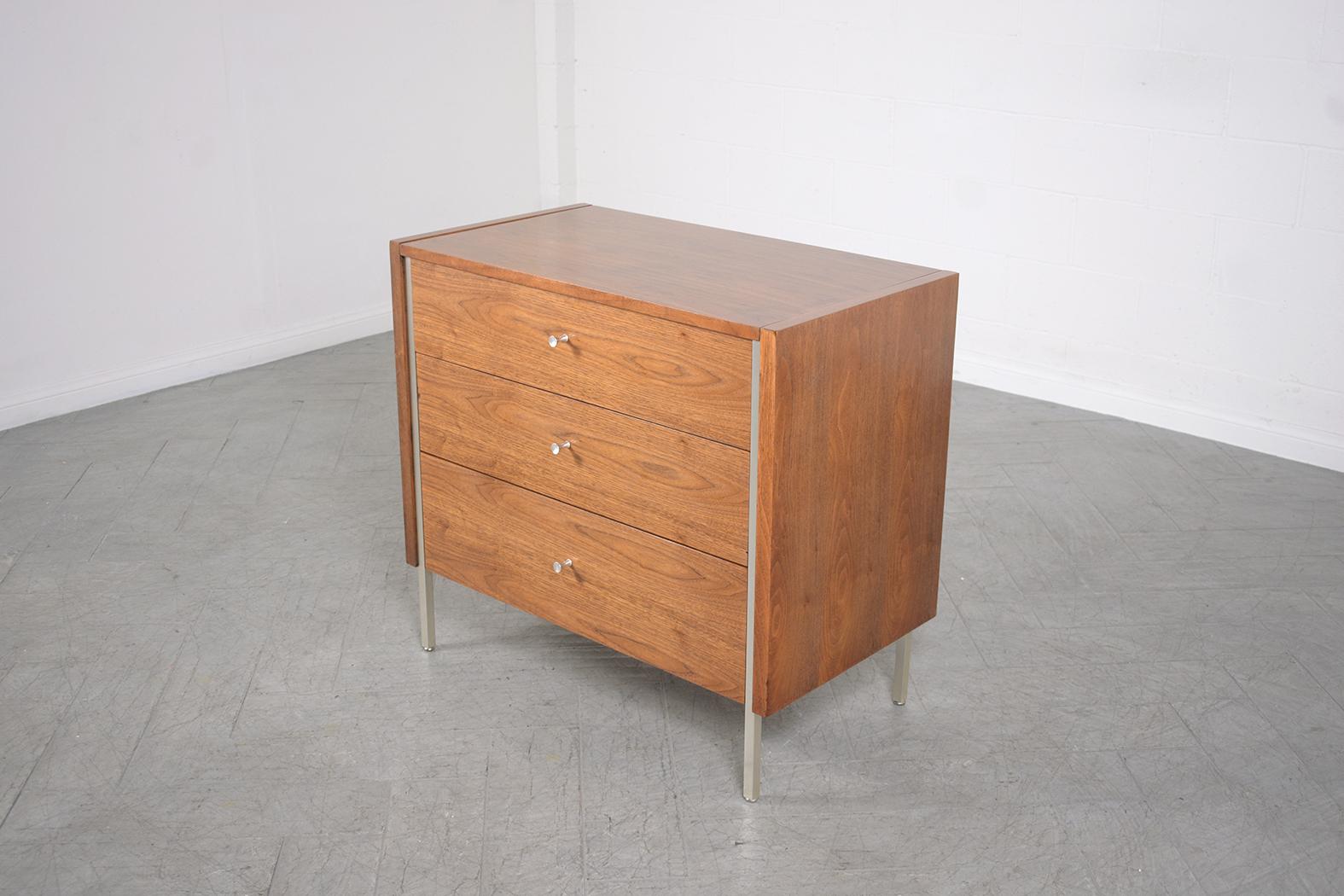 Restored Mid-Century Walnut Chest of Drawers with Brushed Steel Moldings In Good Condition For Sale In Los Angeles, CA