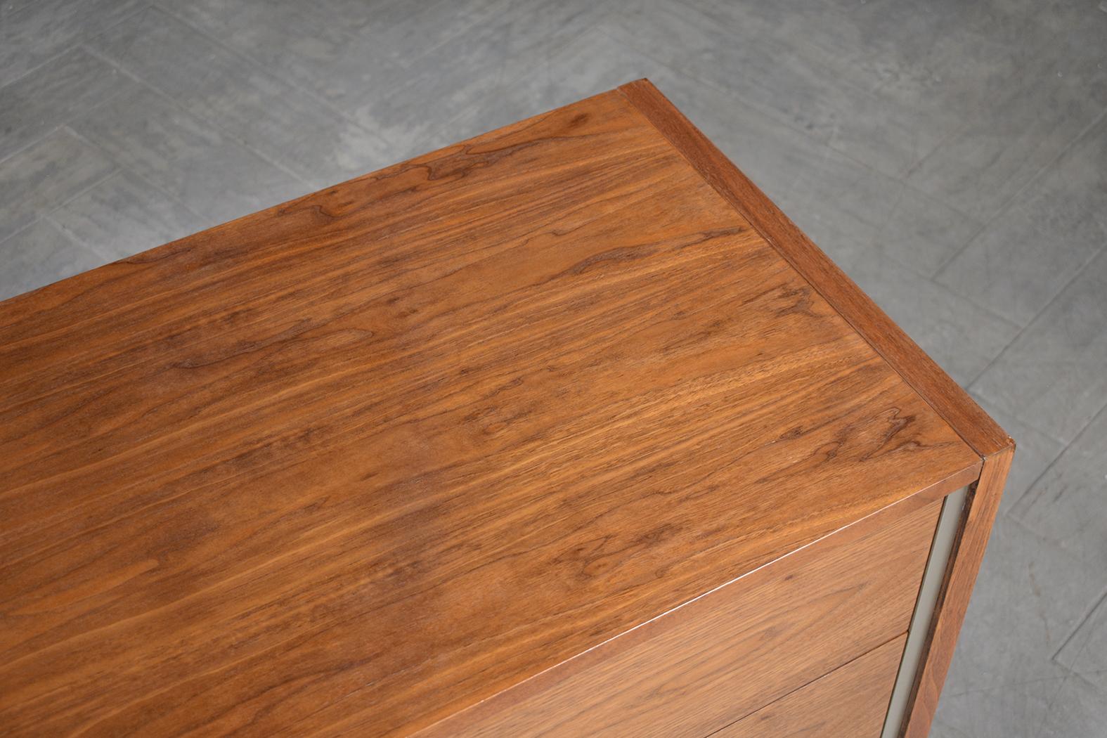 Lacquer Restored Mid-Century Walnut Chest of Drawers with Brushed Steel Moldings For Sale