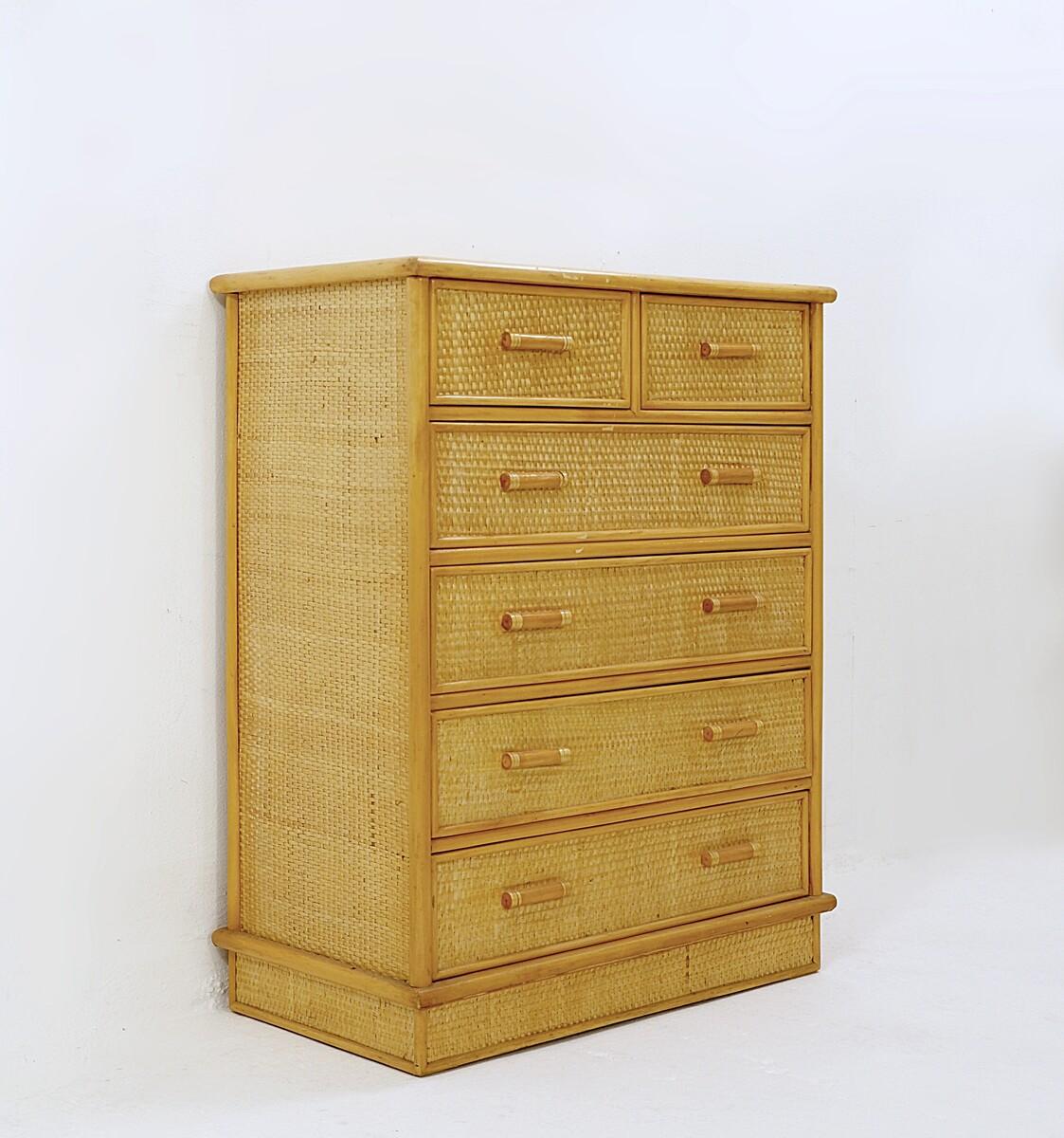 Mid-Century Modern chest of drawers in bamboo and rattan.