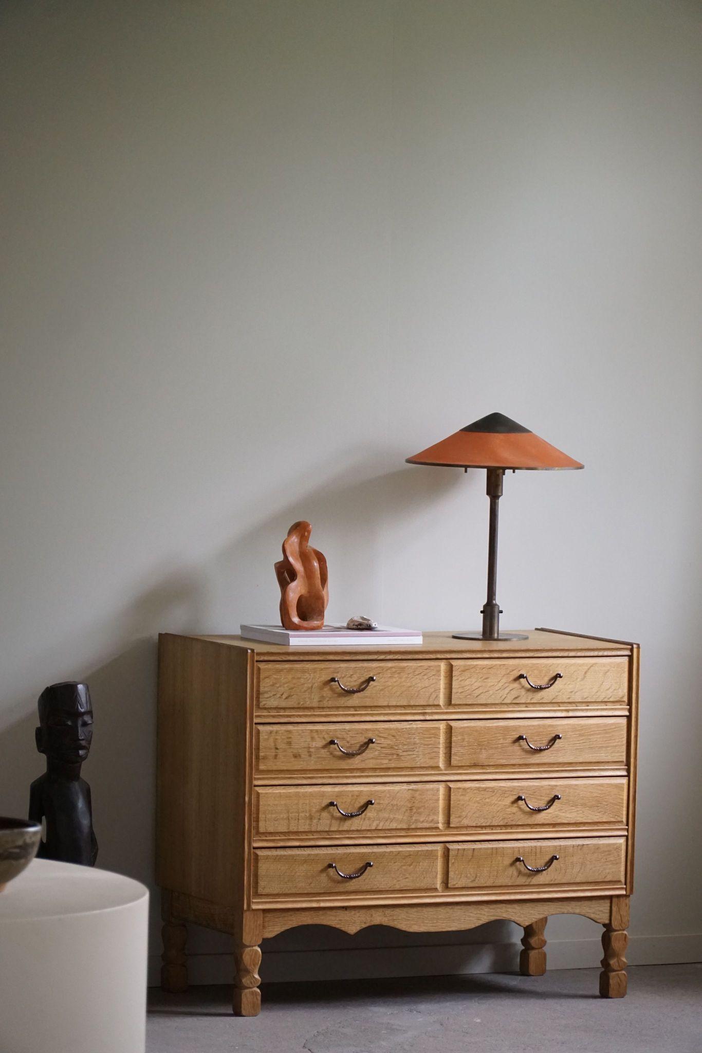 A fascinating classic chest of drawers in oak. Great patina and a fine carved front design. Made by a Danish cabinetmaker in the 1960s. 

This intriguing brutalist object will fit in many interior styles. A modern interior, Scandinavian interior and