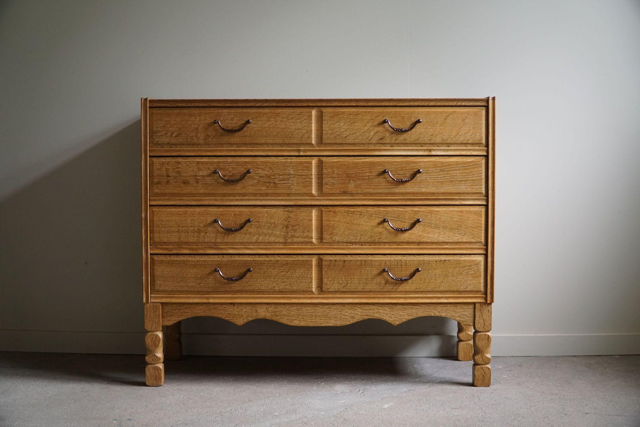 Brass Mid-Century Modern, Chest of Drawers in Oak, By a Danish Cabinetmaker in 1960s