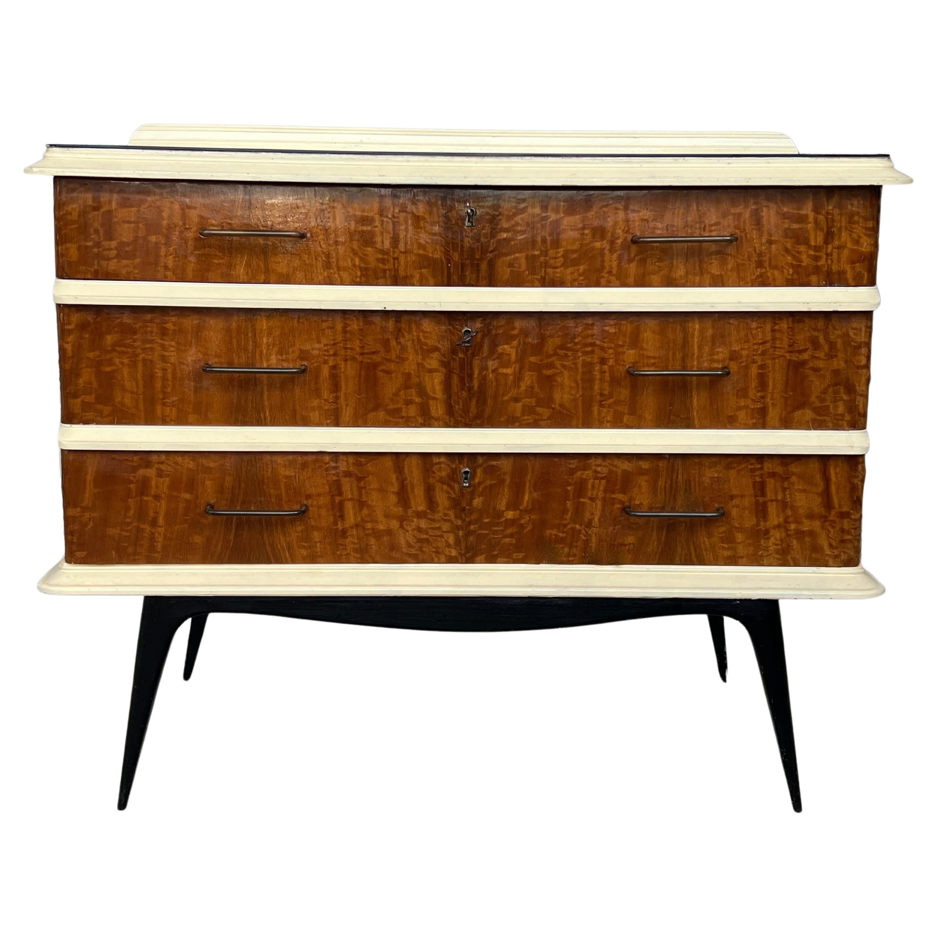 Mid Century Modern Chest of Drawers or Commode in Wood/Cream with Black Legs For Sale
