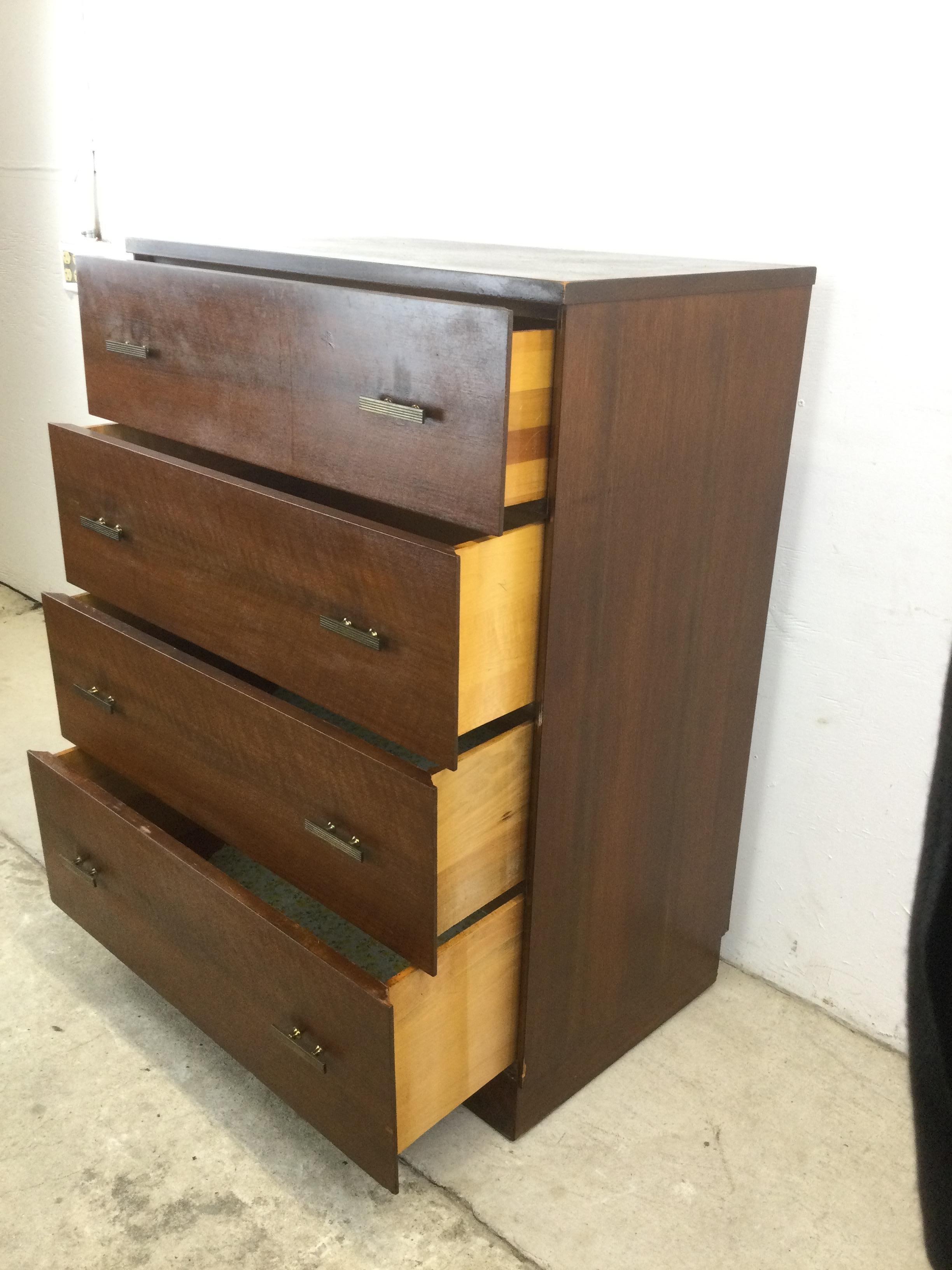 Mid Century Modern Chest of Four Drawers with Brass Hardware For Sale 9