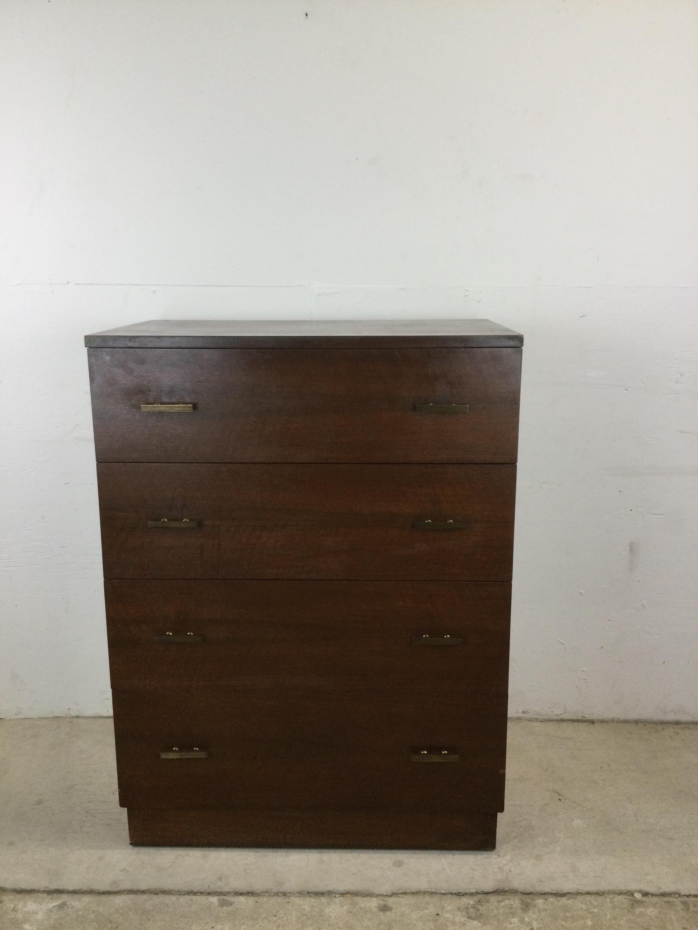 Mid Century Modern Chest of Four Drawers with Brass Hardware For Sale 13