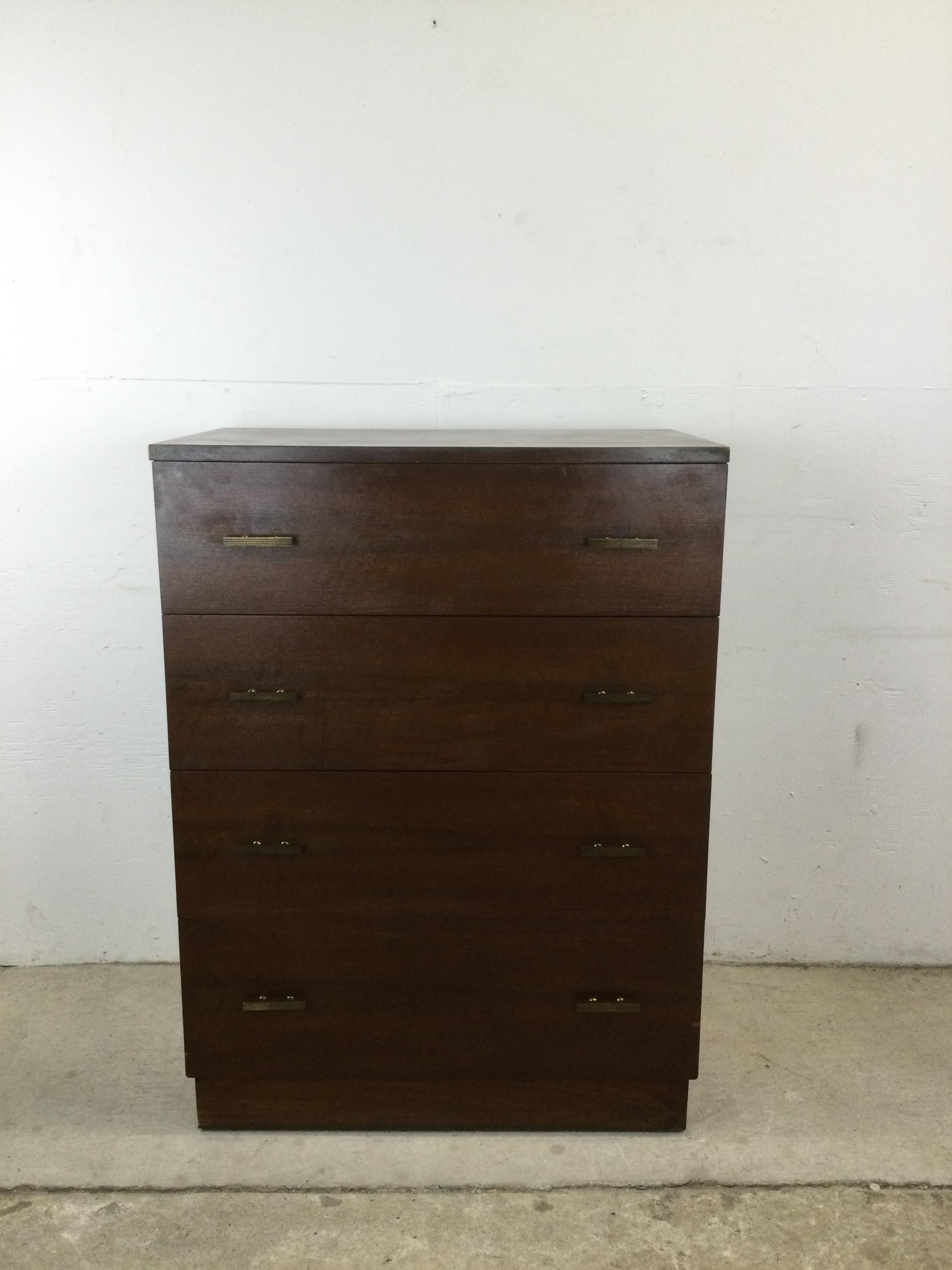 Mid Century Modern Chest of Four Drawers with Brass Hardware For Sale 1