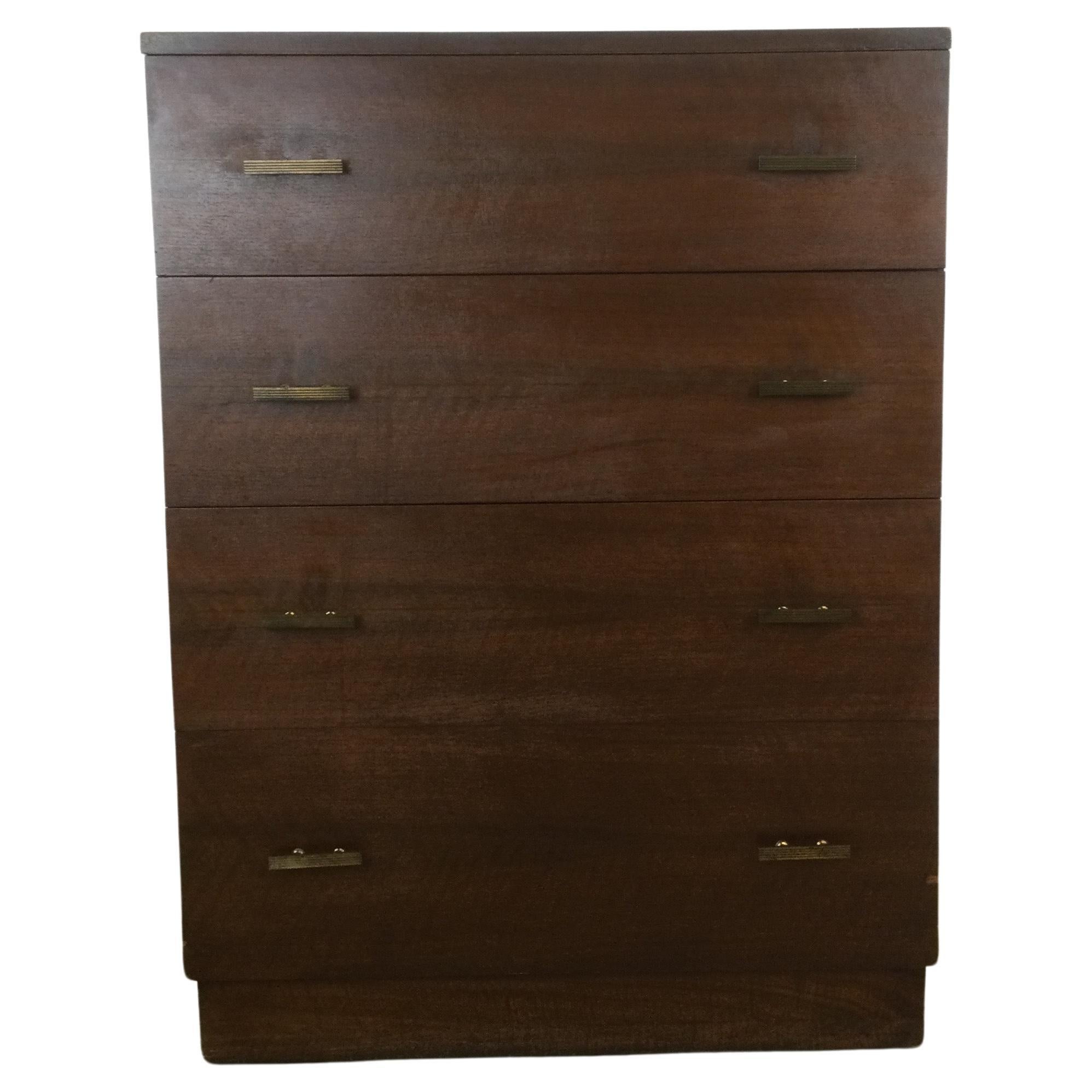 Mid Century Modern Chest of Four Drawers with Brass Hardware For Sale