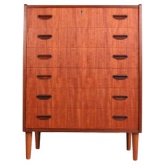 Cassettiera moderna di metà secolo con sei cassetti, Tallboy in teak, Danimarca anni '60