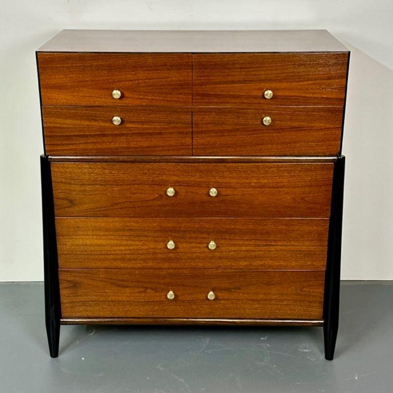Mid Century Modern Chest, Dresser, West Michigan Furniture Co. Ebony, Walnut, Metz
One part of a stunning bedroom set. Fully refinished, fine grained walnut with ebonized columns and restored bronze drawer pulls. This lovely, sleek and stylish