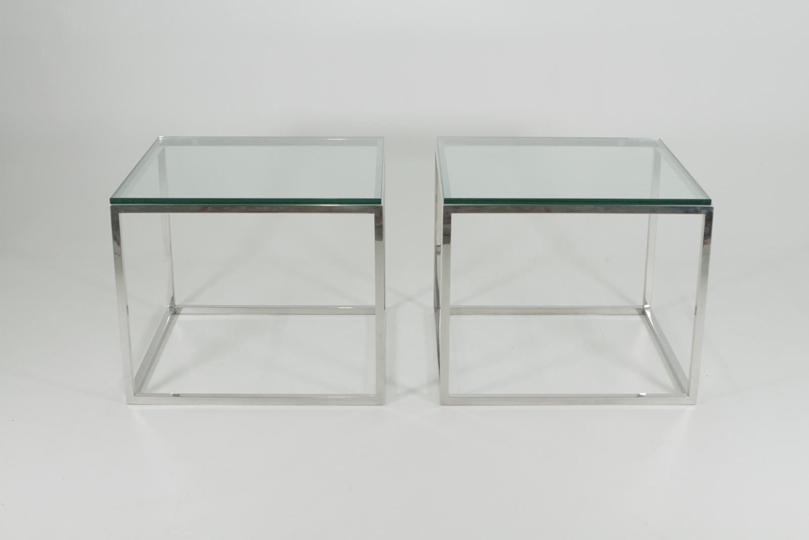 Mid-20th Century Mid-Century Modern Pair of Milo Baughman Style Chrome Glass Square End Tables