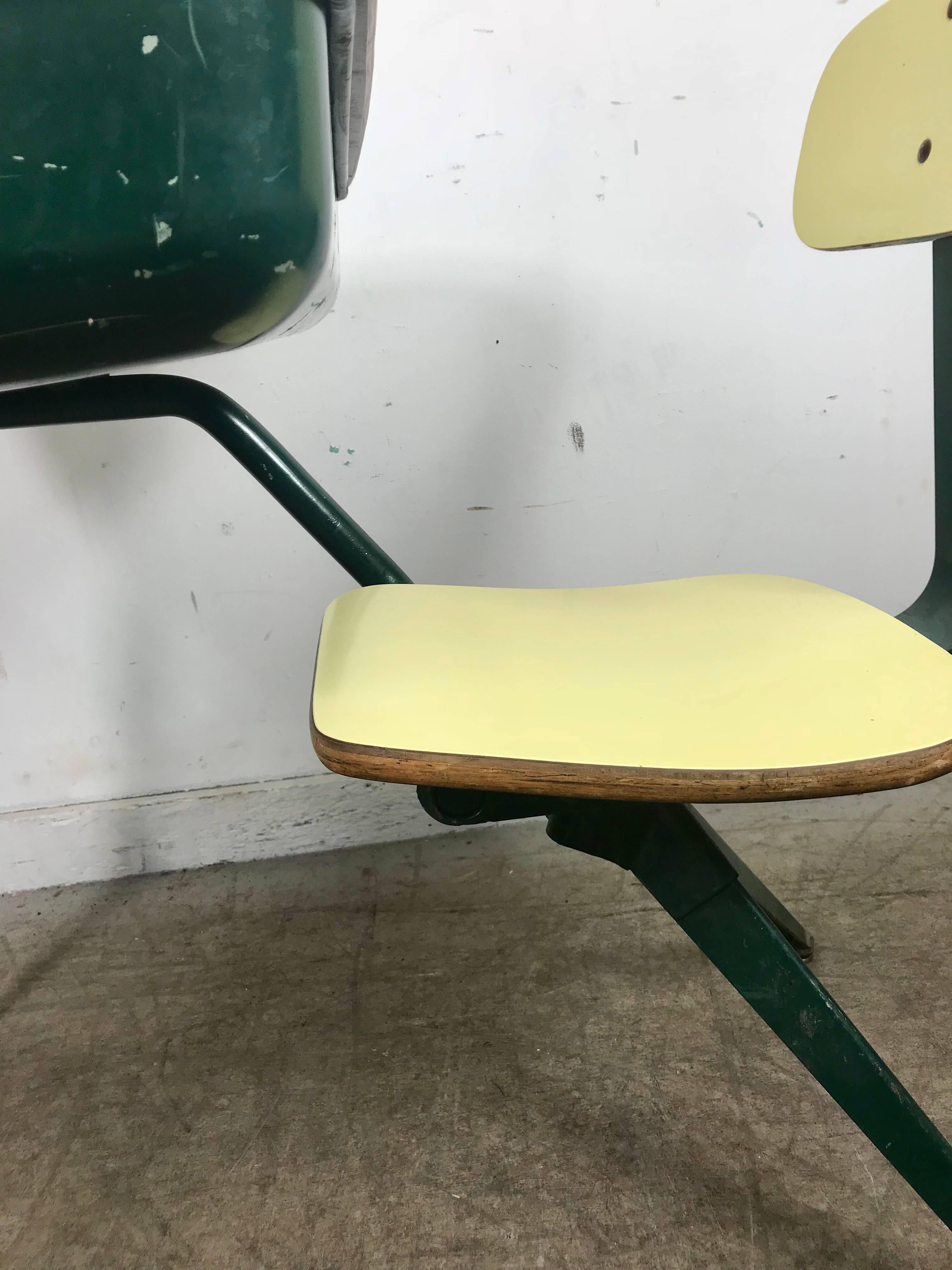 Mid-Century Modern Childs ,Student Desk manner of Jean Prove,,green metal,steel painted frame.plywood desk top with grey laminate storage