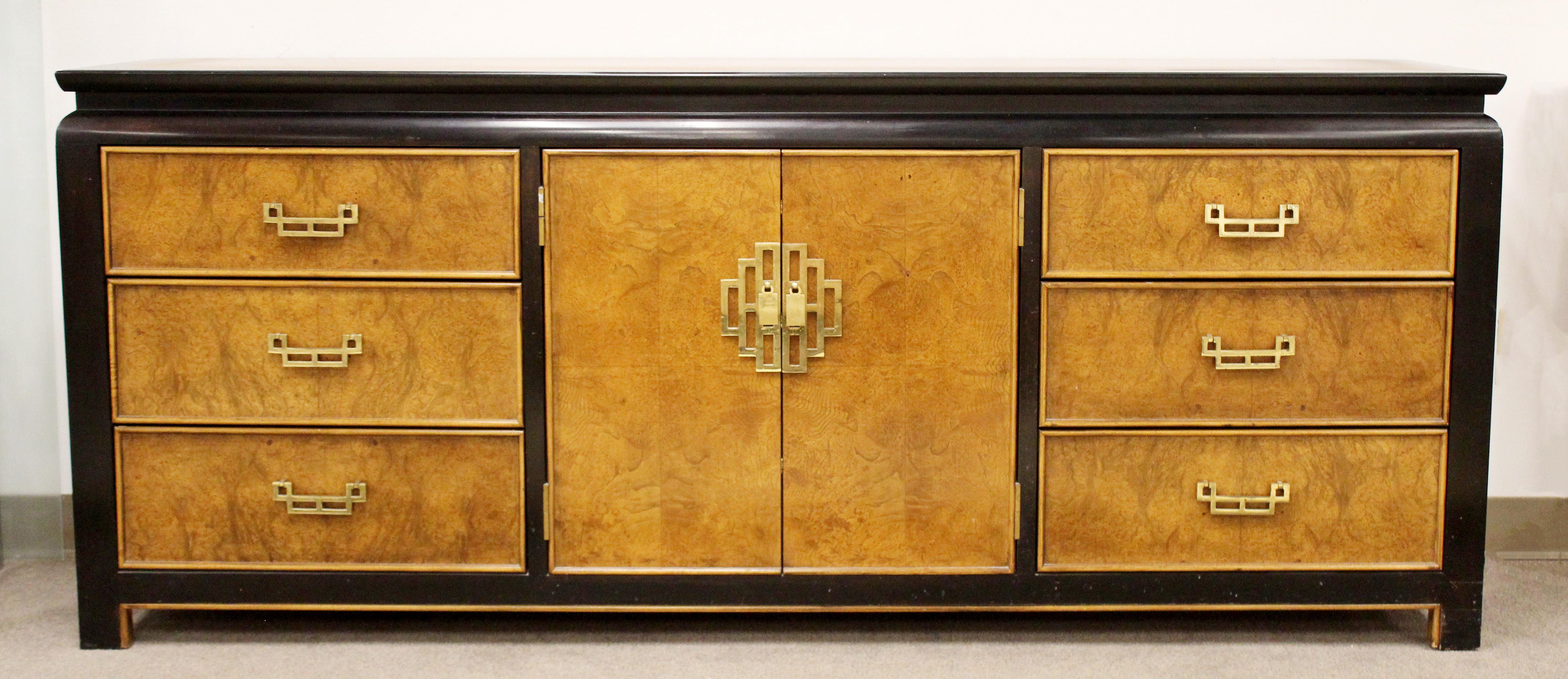 For your consideration is an incredible, Chin Hua oriental style dresser credenza sideboard, made of burl wood and brass, and matching pair of wall mirrors, by Century Furniture, circa 1970s. In excellent vintage condition. The dimensions of the