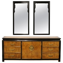 Vintage Mid-Century Modern Chin Hua Century Burl Brass Credenza Dresser Wall Mirrors