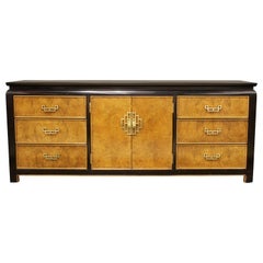 Vintage Mid-Century Modern Chin Hua Century Burl Wood and Brass Credenza Dresser, 1970s