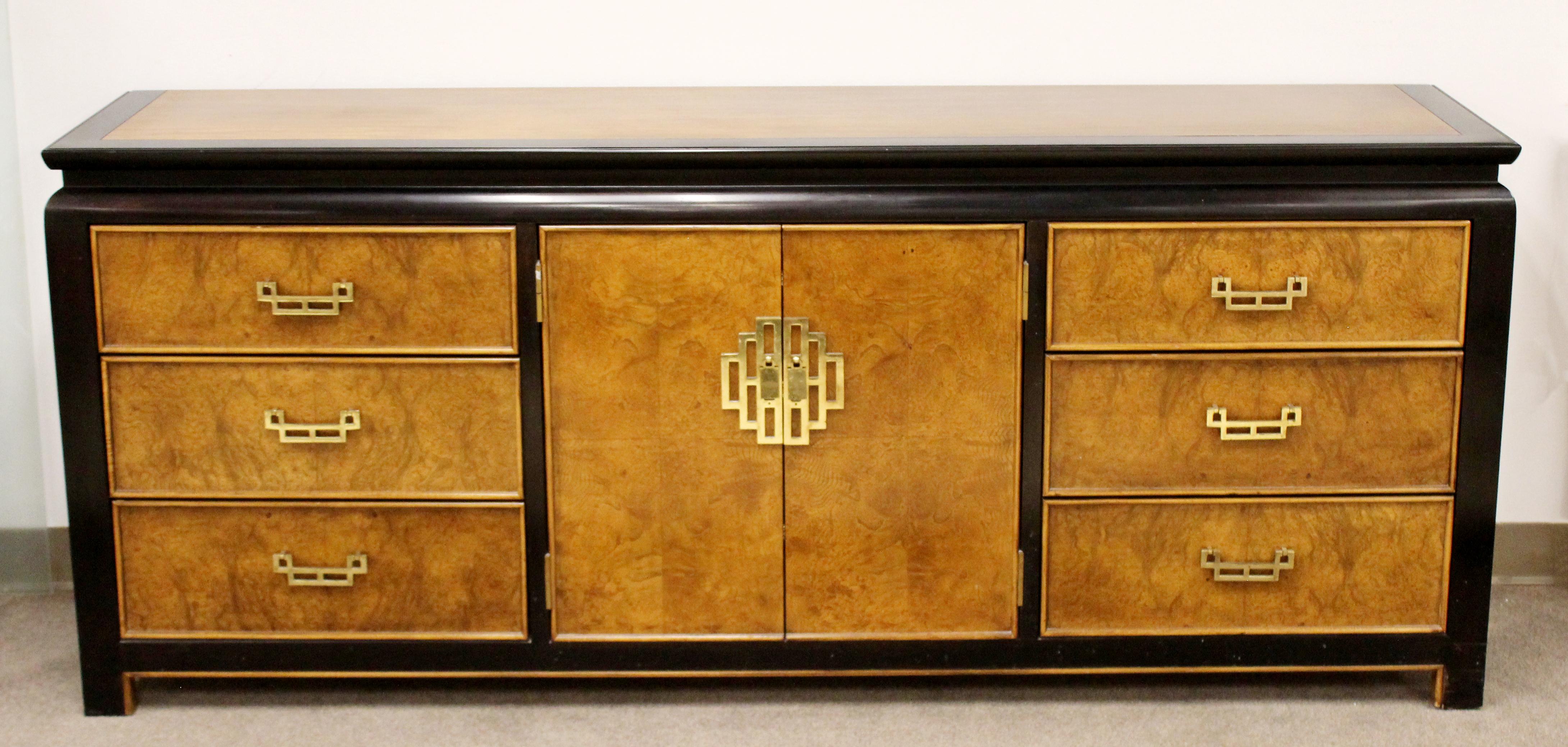 For your consideration is a luxe looking, Chin Hua oriental style dresser credenza sideboard, made of burl wood and brass, with nine drawers, by Century Furniture, circa 1970s. In excellent vintage condition. The dimensions are 76