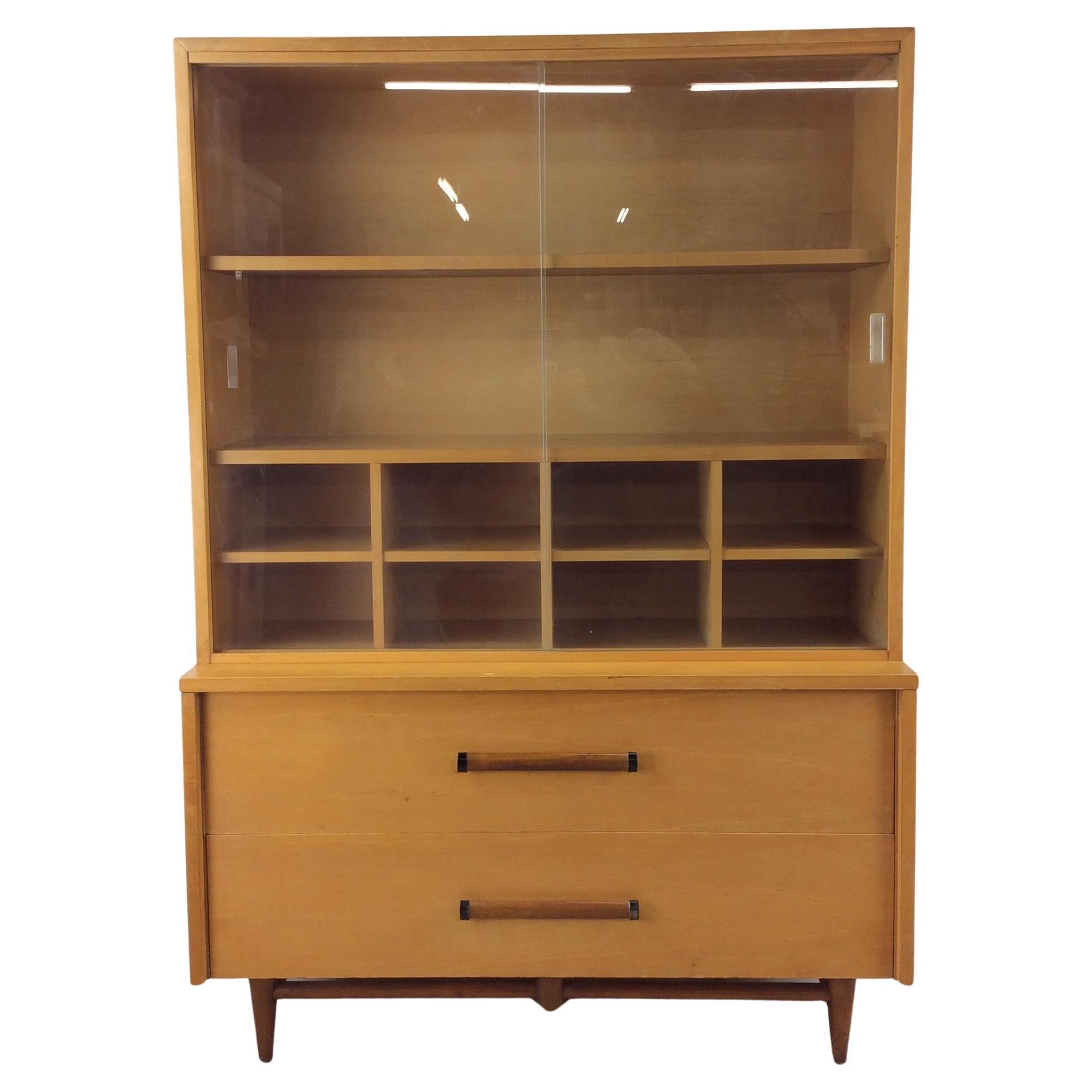 Mid Century Modern China Cabinet with Sliding Doors & 2 Drawers