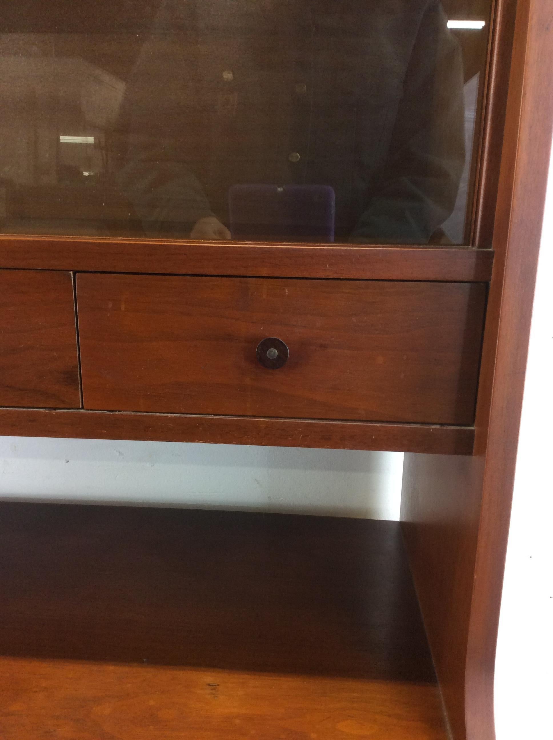Veneer Mid Century Modern China Cabinet with Sliding Glass Doors For Sale