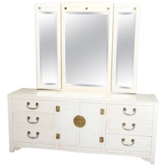 Vintage Mid-Century Modern Chinese Chippendale Ivory & Brass Mirrored Dresser