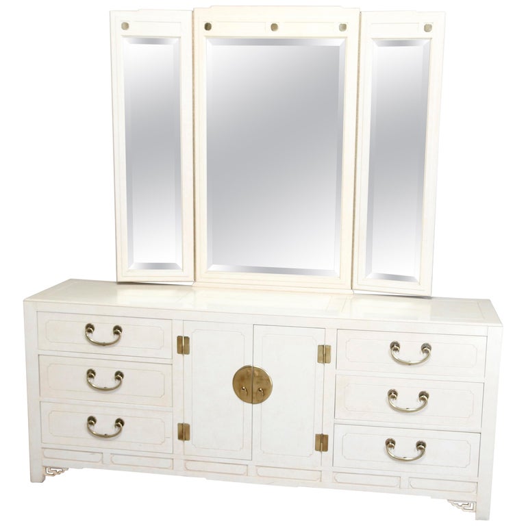 Mid Century Modern Chinese Chippendale Ivory And Brass Mirrored