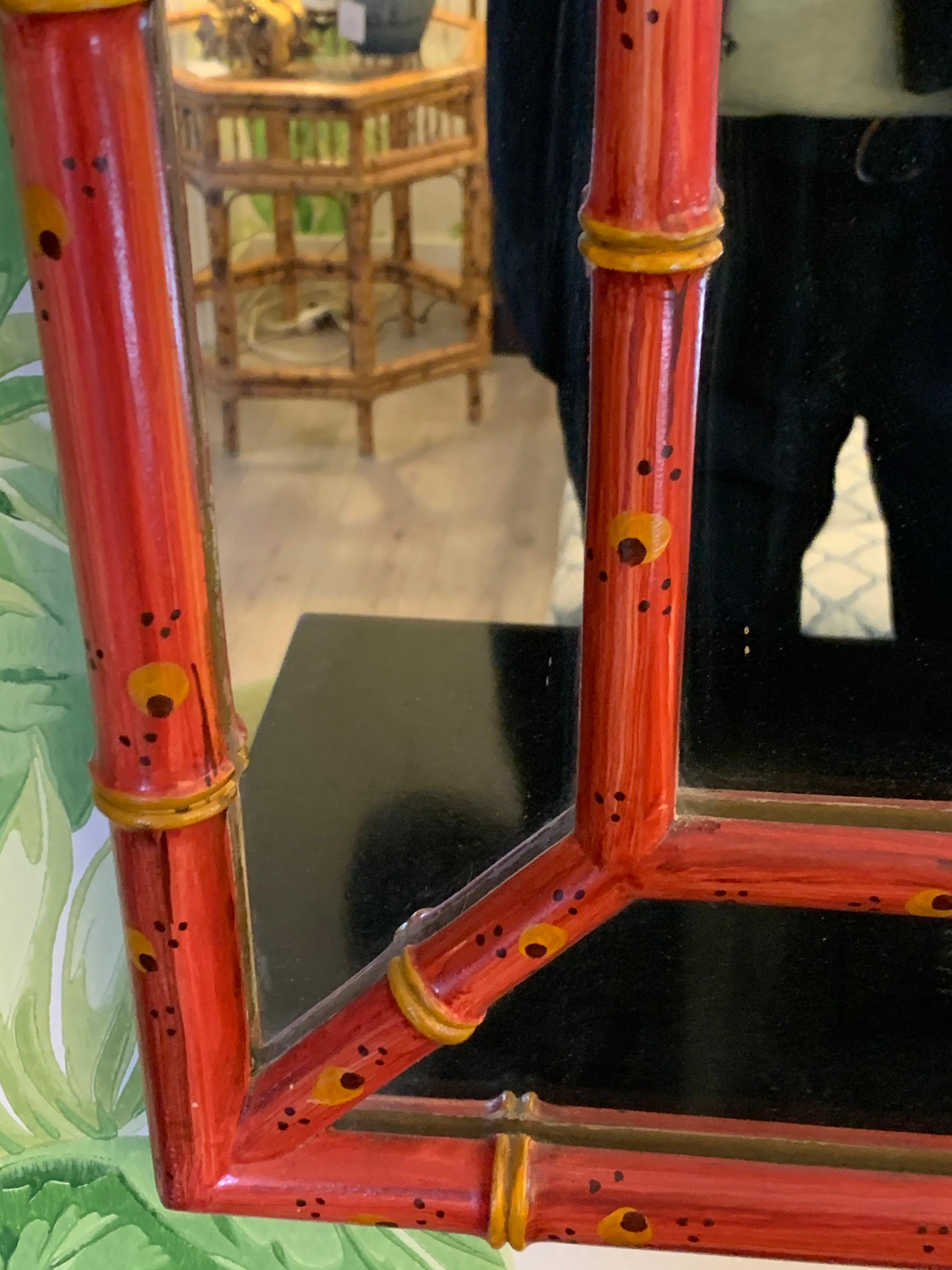 Mid-Century Modern Chinese Chippendale Red Painted Faux Bamboo Mirror In Good Condition In West Hartford, CT