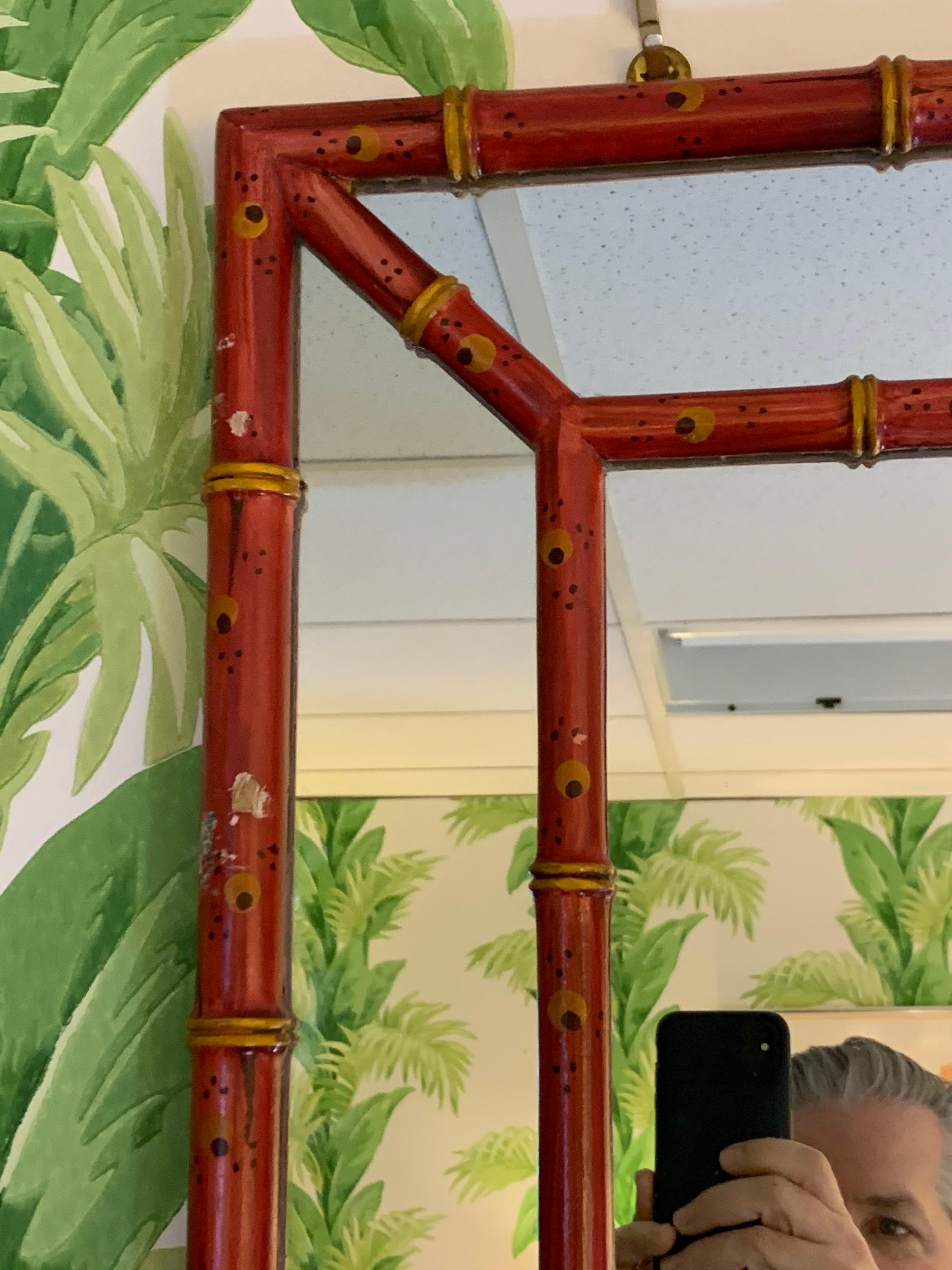 Mid-Century Modern Chinese Chippendale Red Painted Faux Bamboo Mirror 3