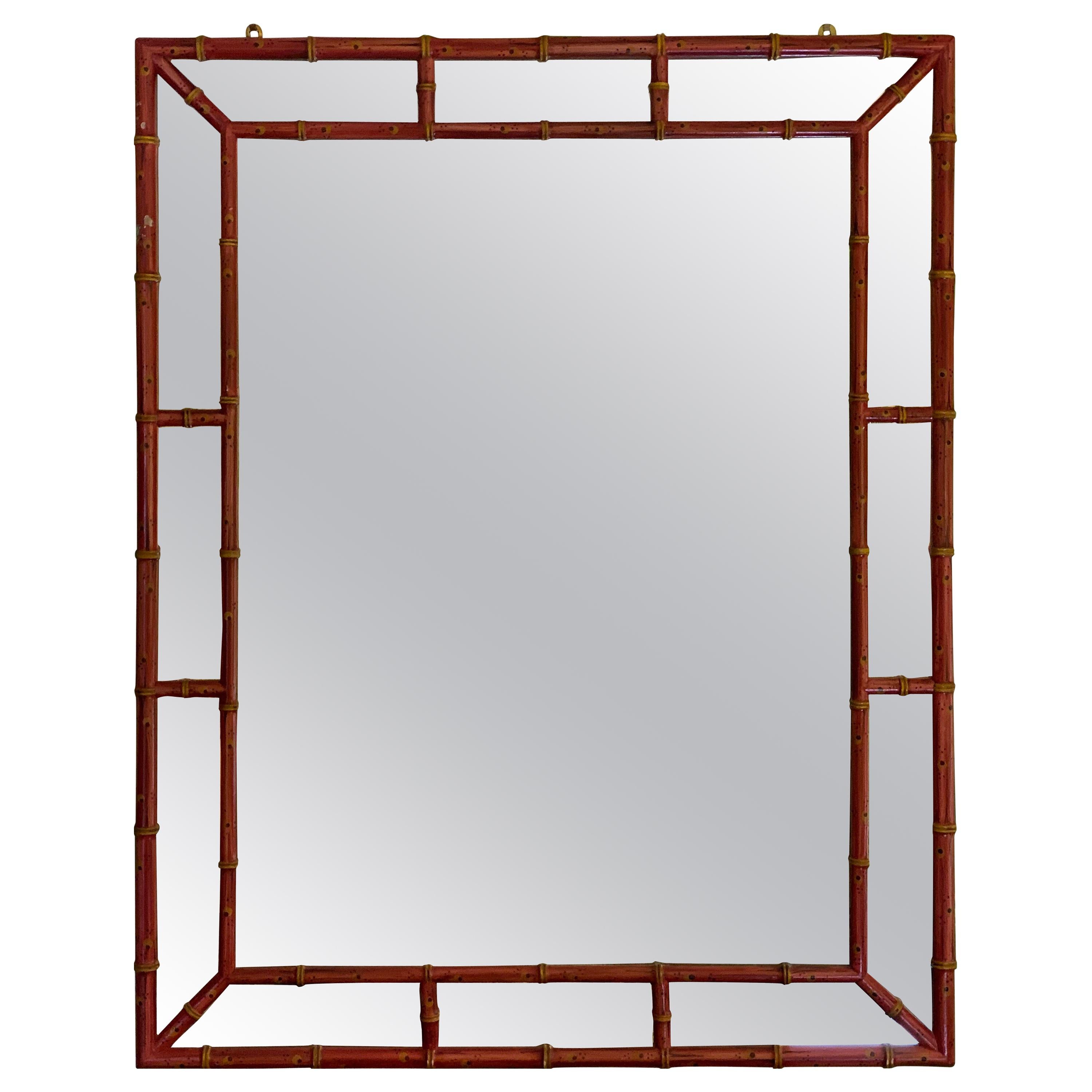 Mid-Century Modern Chinese Chippendale Red Painted Faux Bamboo Mirror
