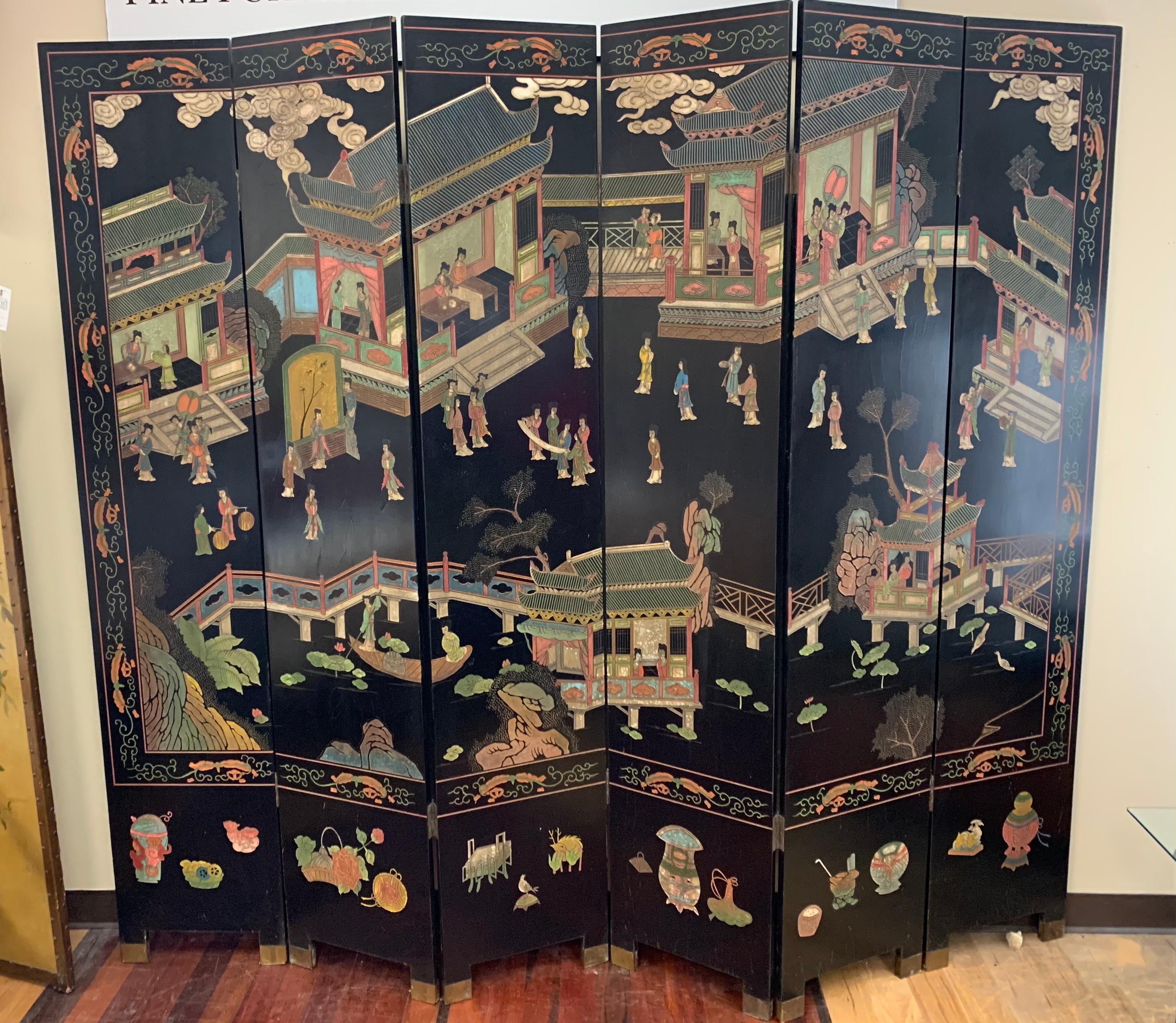 Mid-Century Modern Chinoiserie 8-Panel Expandable Coromandel Screen Divider In Good Condition In West Hartford, CT