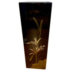 Mid Century Modern Chinoiserie Black Lacquered Handpainted Pedestal Column Table