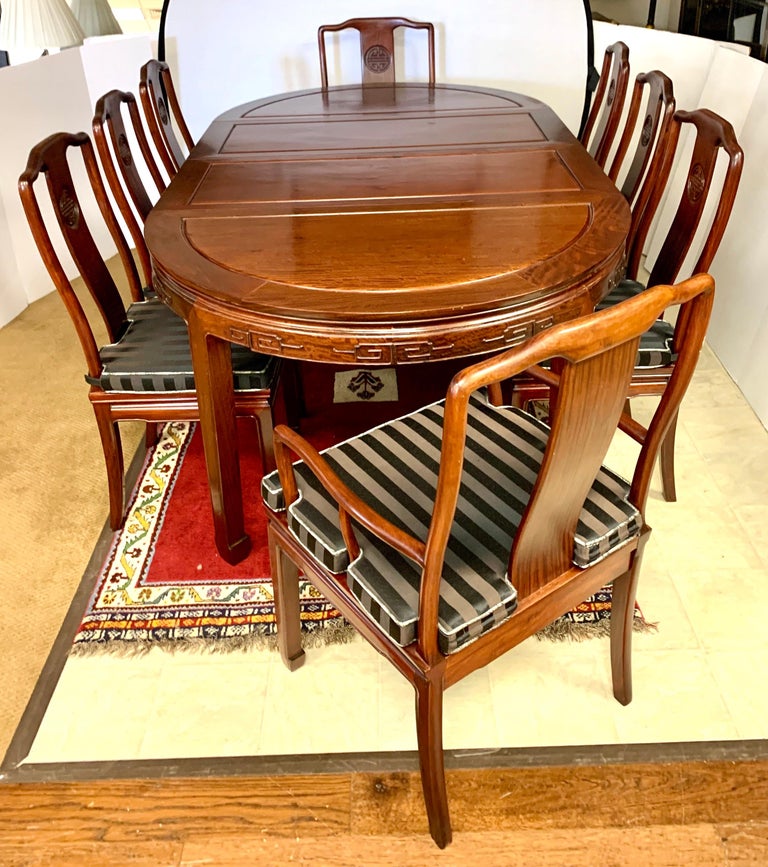 Asian Chinoiserie Mahogany Dining Set Table and Eight Chairs For Sale at 1stDibs