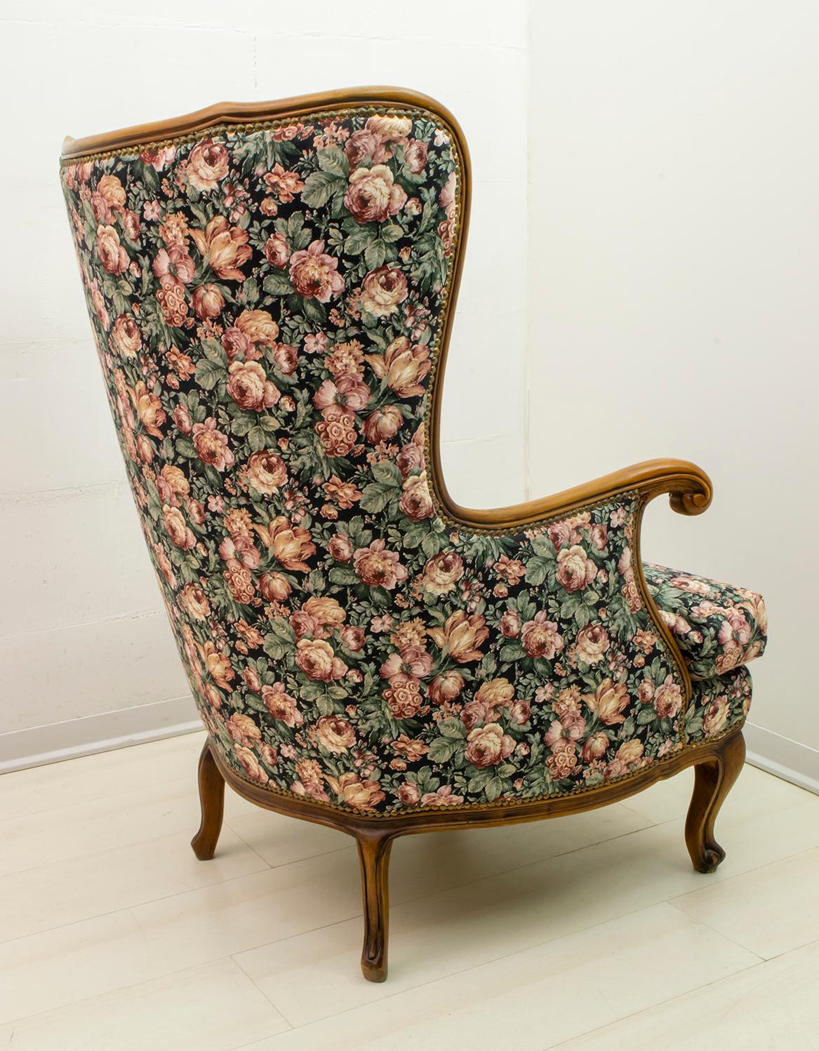 Fabric Mid-Century Modern Chippendale Style Walnut Armchair, 1960s For Sale