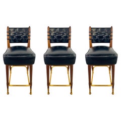 Retro Mid-Century Modern Chairmasters Leather Webbed Bar or Counter Stool, Set of 3
