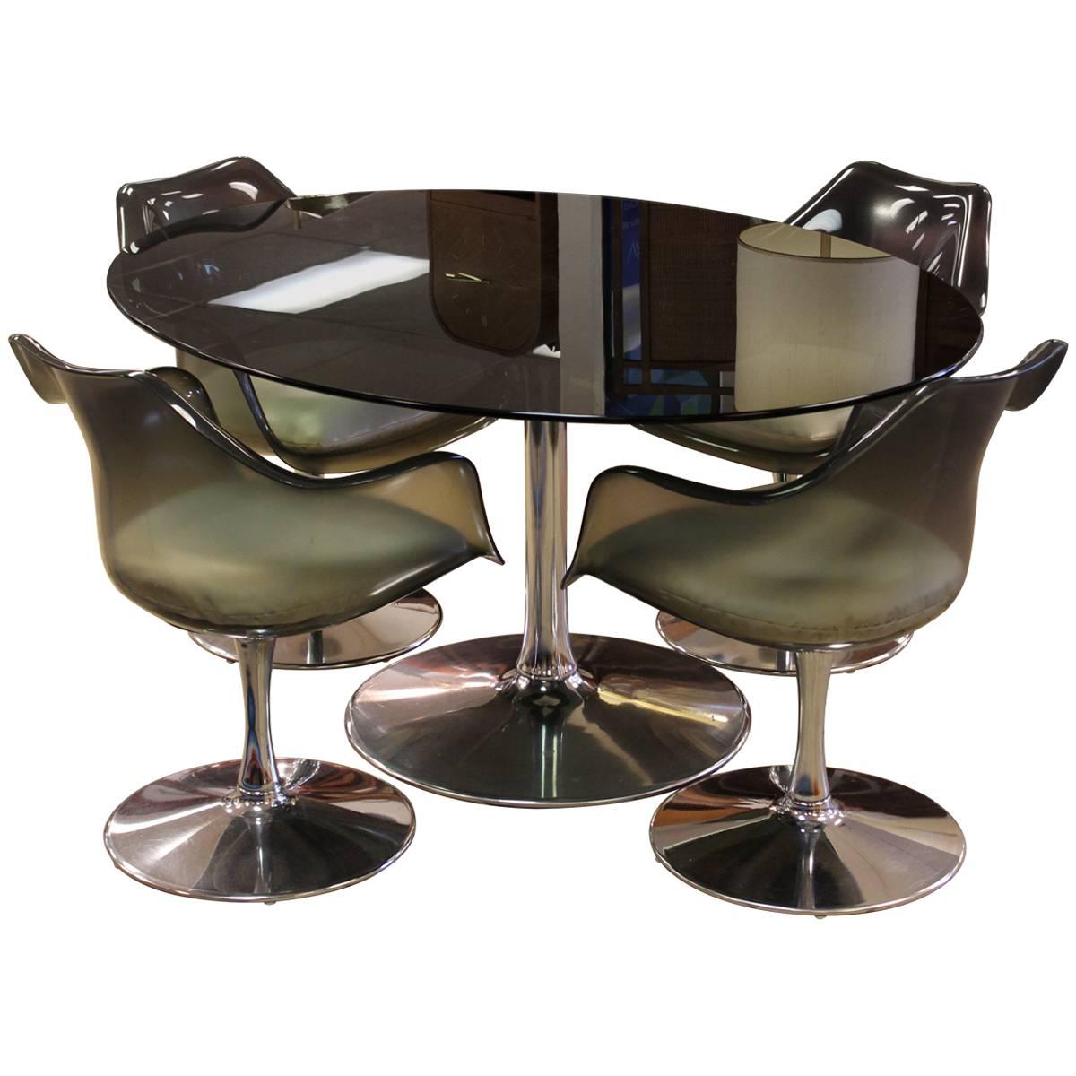 Ensemble de salle à manger Chromcraft moderne du milieu du siècle Table Quatre Chaises Verre fumé Lucite