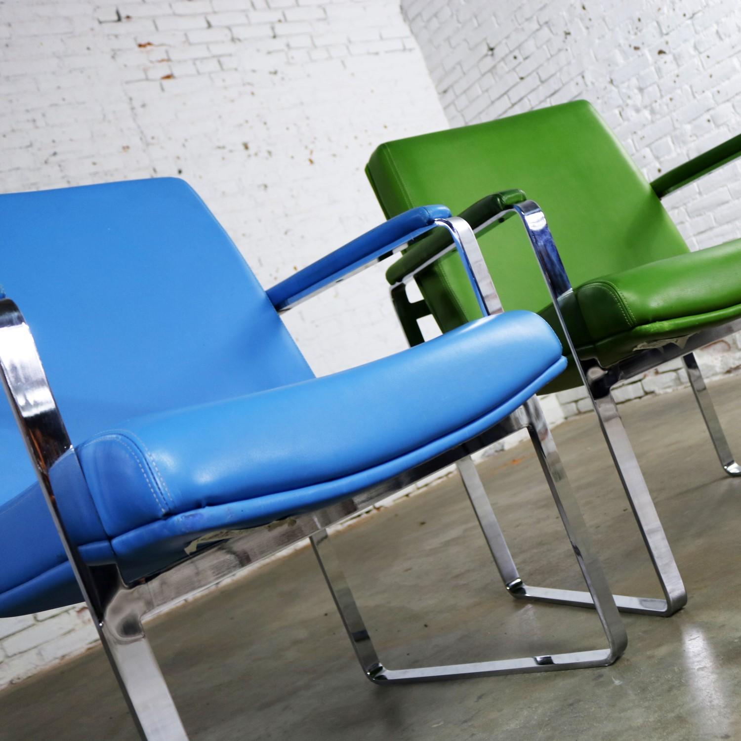 Mid-Century Modern Chromcraft Flat Bar Chrome Chairs One Blue One Green Vinyl 1