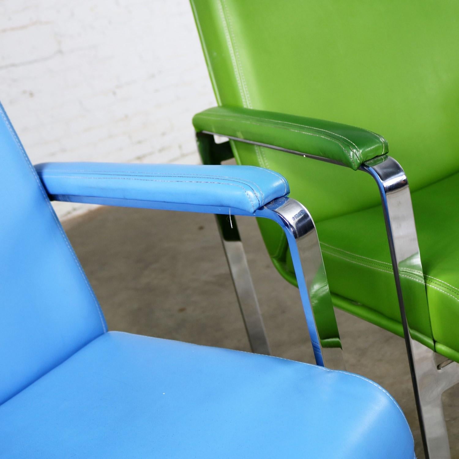 Mid-Century Modern Chromcraft Flat Bar Chrome Chairs One Blue One Green Vinyl 2
