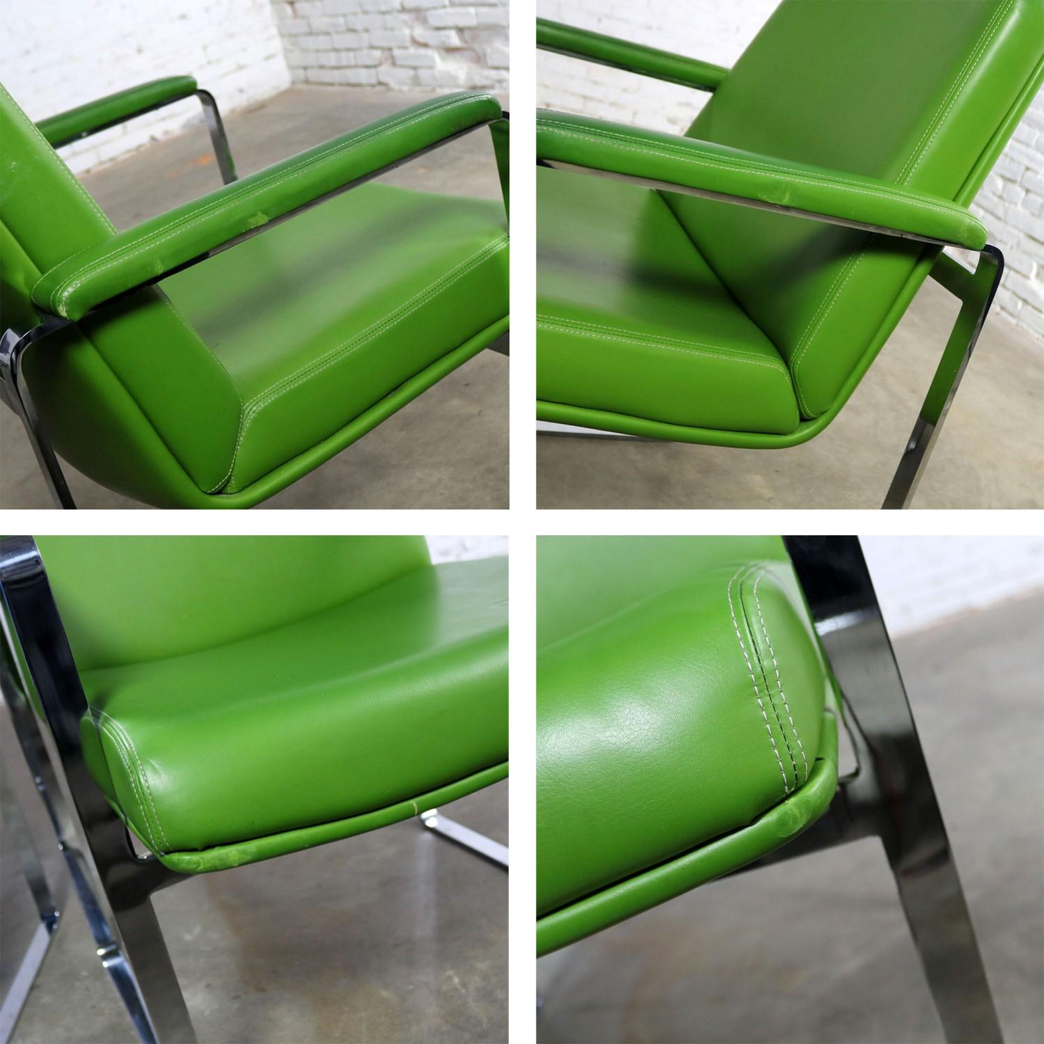 Mid-Century Modern Chromcraft Flat Bar Chrome Chairs One Blue One Green Vinyl 3