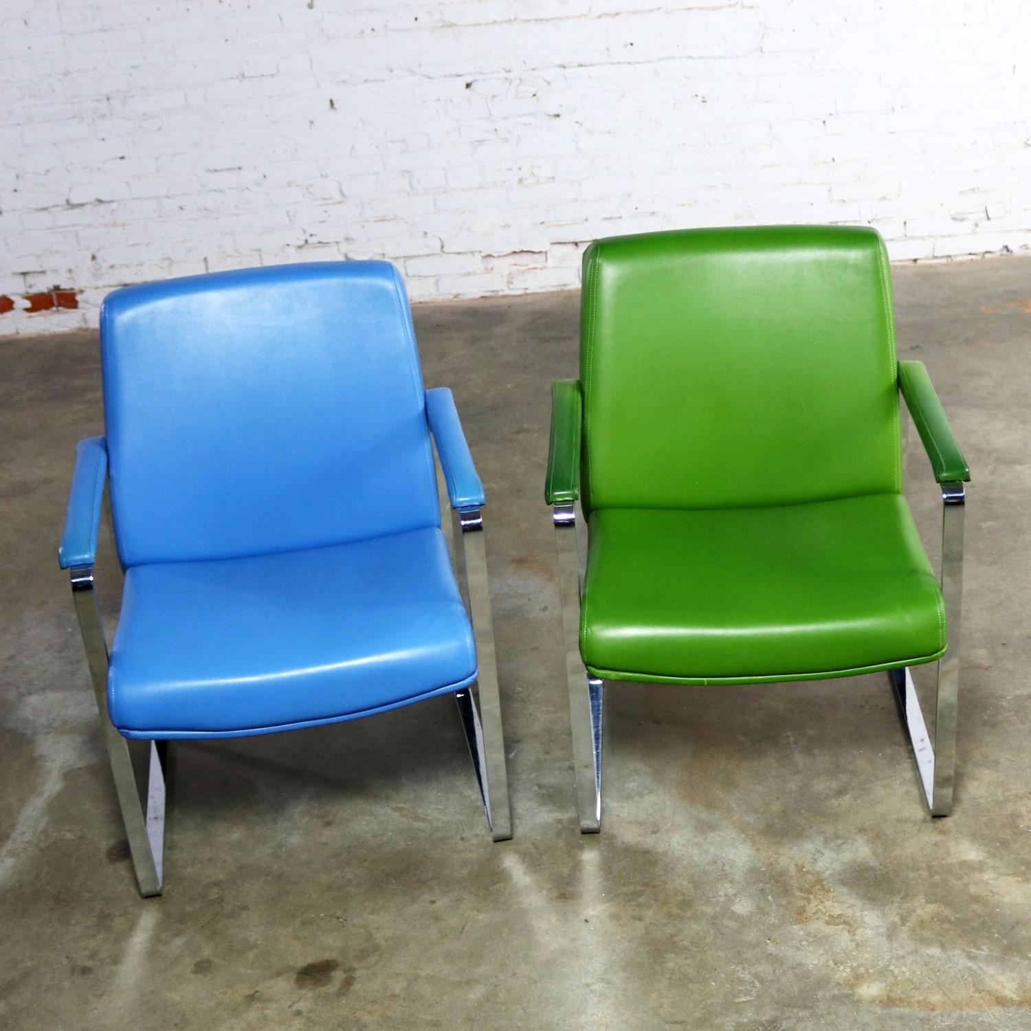 American Mid-Century Modern Chromcraft Flat Bar Chrome Chairs One Blue One Green Vinyl