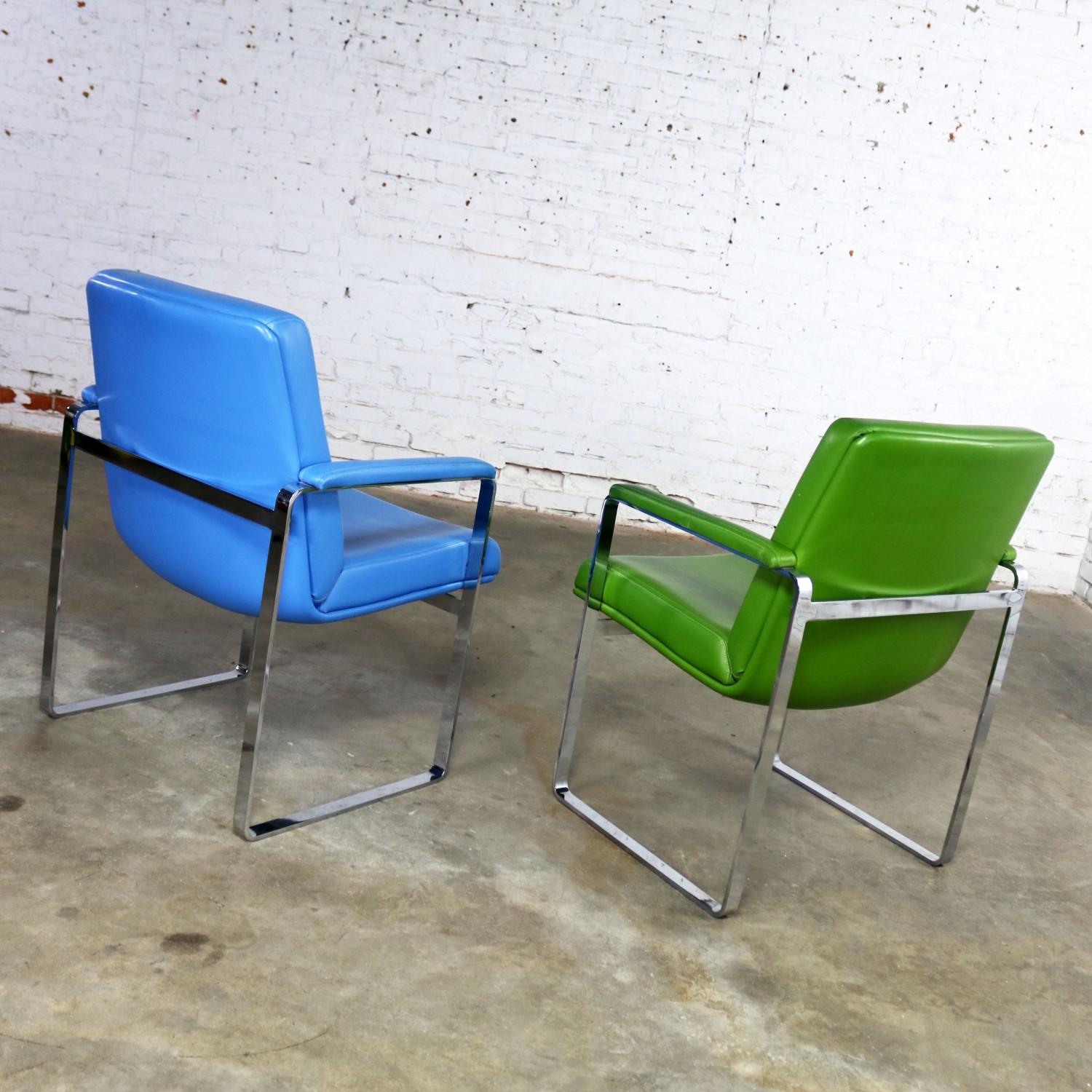 20th Century Mid-Century Modern Chromcraft Flat Bar Chrome Chairs One Blue One Green Vinyl