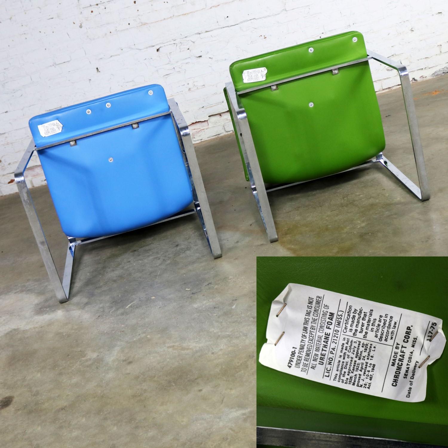 Faux Leather Mid-Century Modern Chromcraft Flat Bar Chrome Chairs One Blue One Green Vinyl