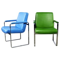 Mid-Century Modern Chromcraft Flat Bar Chrome Chairs One Blue One Green Vinyl