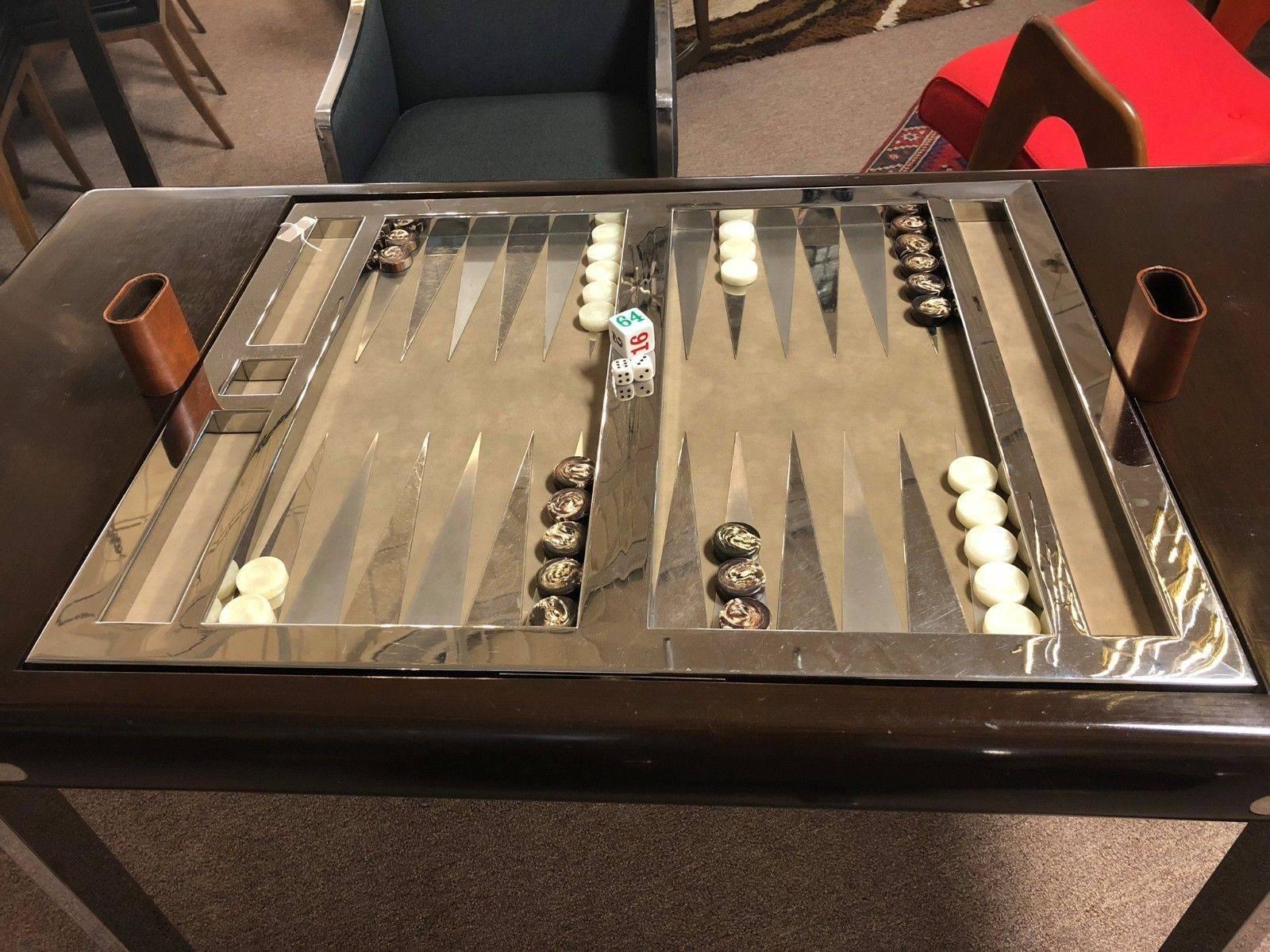 Mid-Century Modern Chrome and Wood Desk Backgammon Game Table 1970s Pace Brueton 5