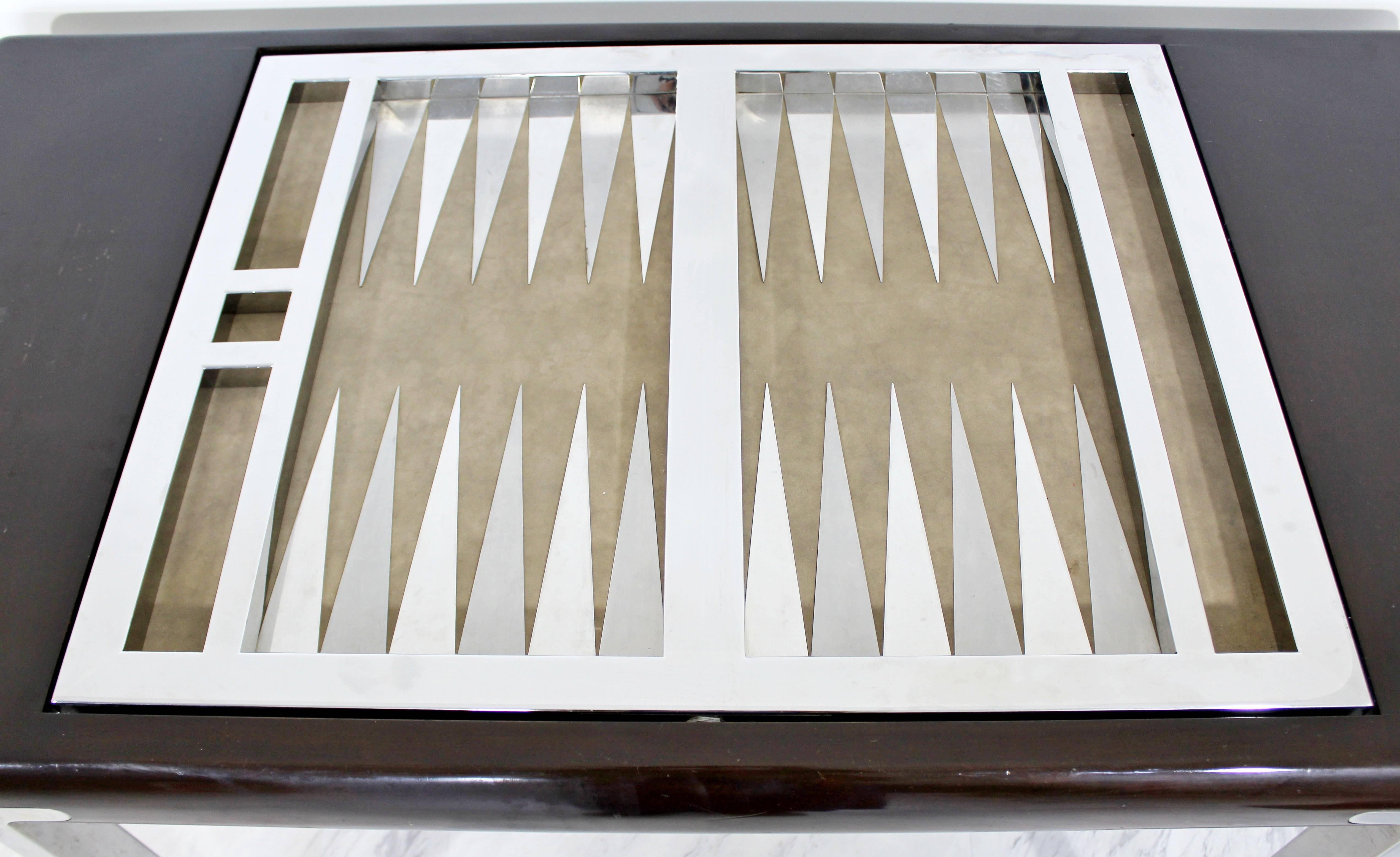 Mid-Century Modern Chrome and Wood Desk Backgammon Game Table 1970s Pace Brueton 2