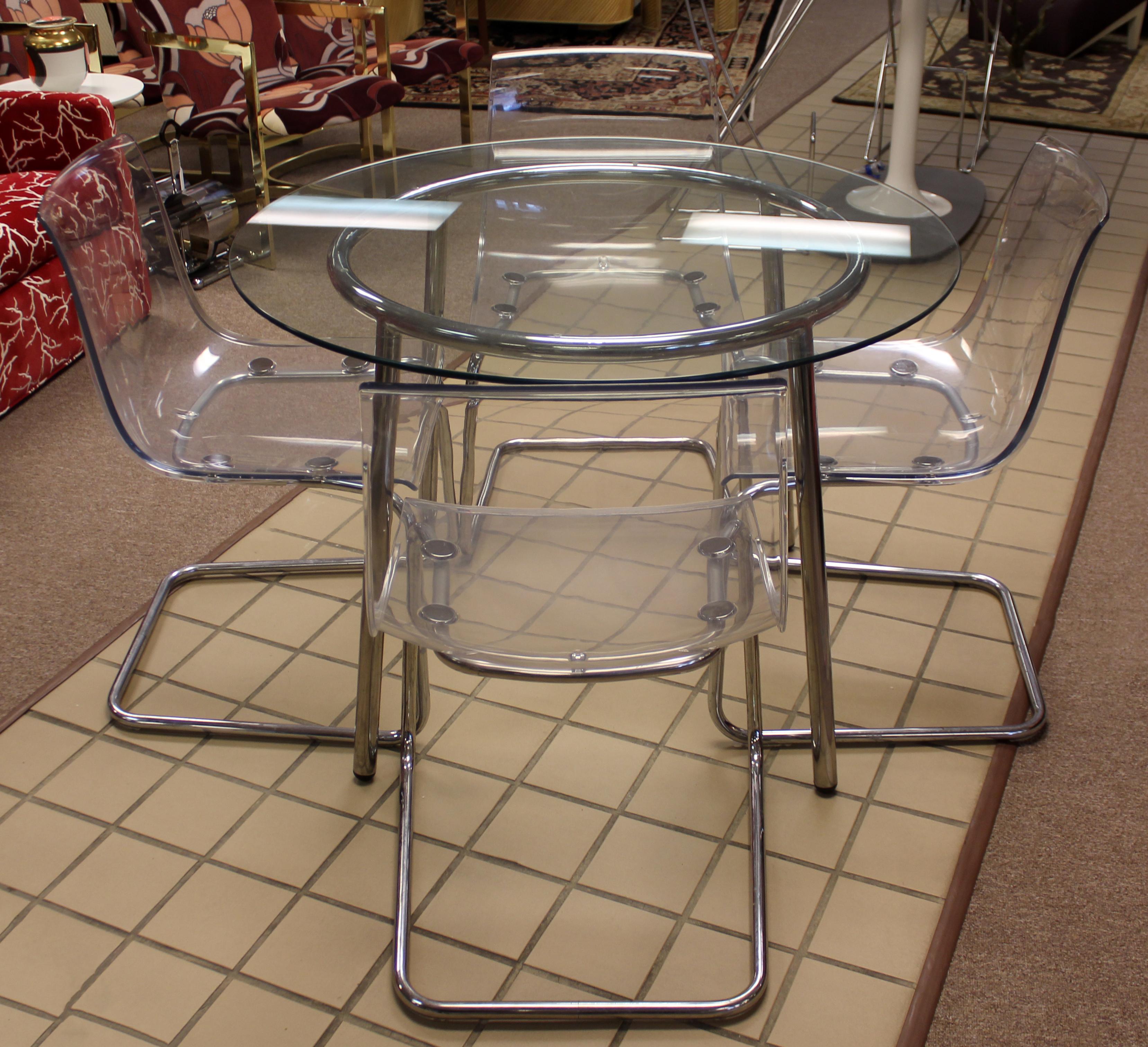 American Mid-Century Modern Chrome Acrylic Dinette Set 4 Side Chairs Glass Top Table