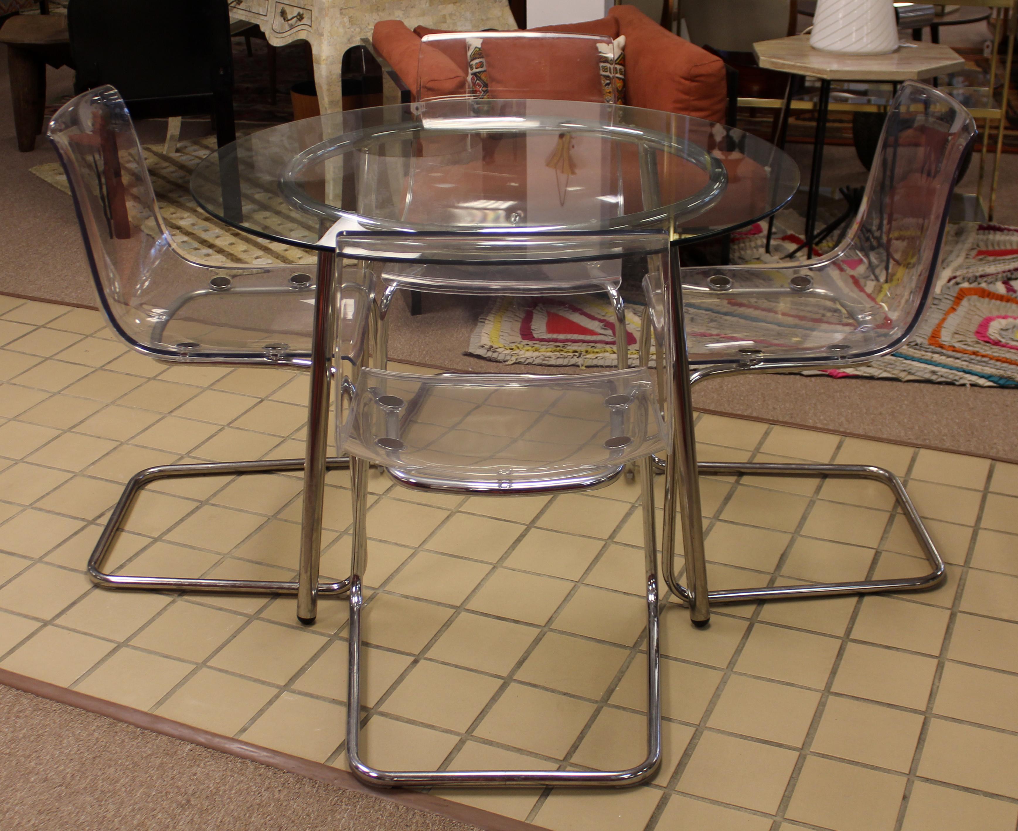 Late 20th Century Mid-Century Modern Chrome Acrylic Dinette Set 4 Side Chairs Glass Top Table
