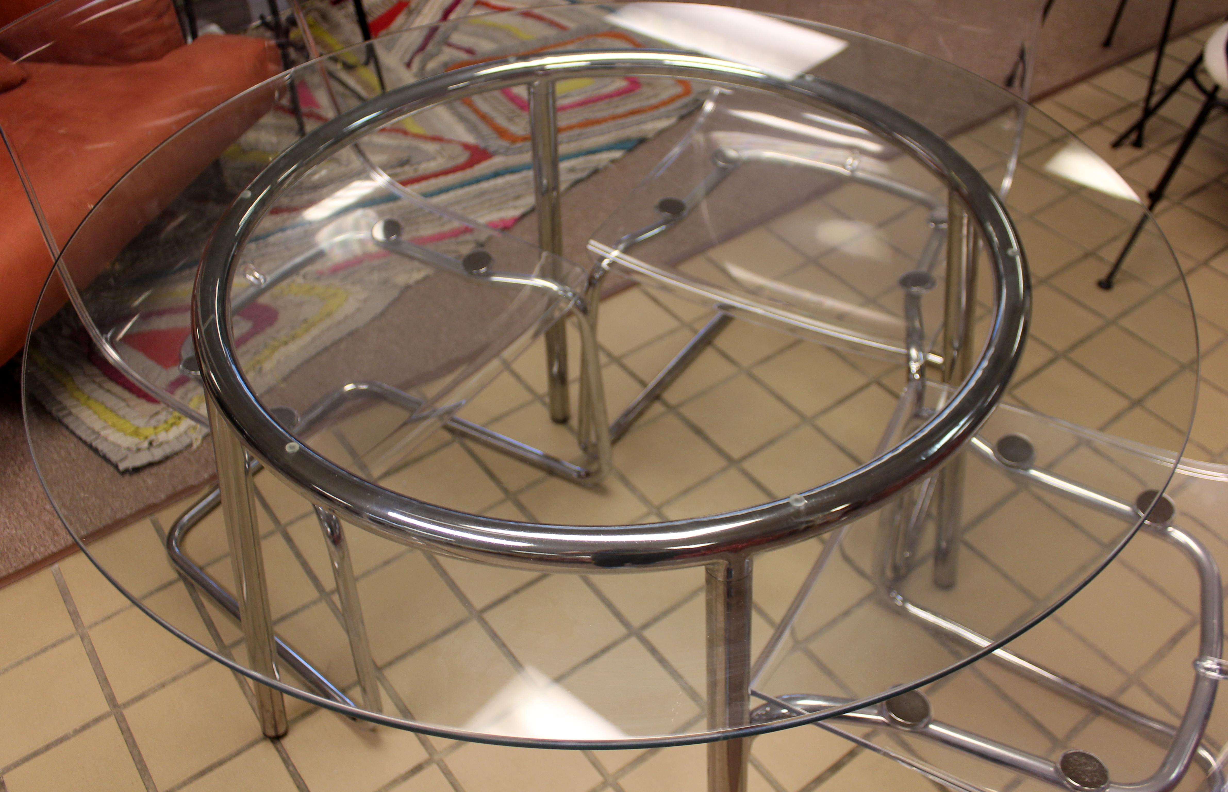 Mid-Century Modern Chrome Acrylic Dinette Set 4 Side Chairs Glass Top Table 2
